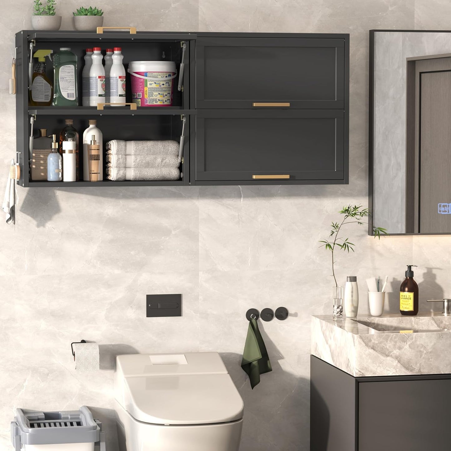 Metal Wall Cabinets with 2 Up-Flip Doors, Floating Steel Wall Mounted for Garage, Basement, Home Office, Kitchen, Warehouse - Black