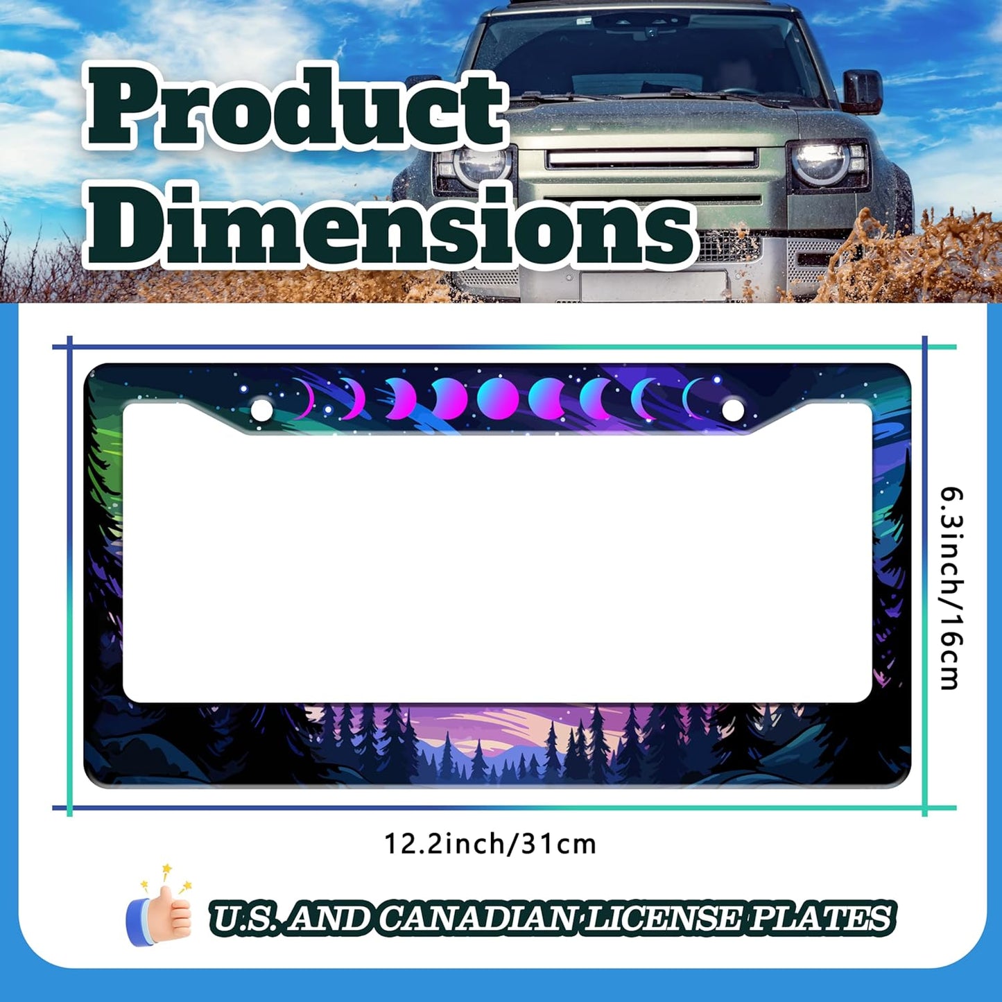 Moon Phases Aurora Forest License Plate Frame Night Sky Stainless Steel License Plate Holder for Front or Rear Car Tags Funny for Car Decoration Accessories with Screws 6.3 X 12.2 in for Women Men