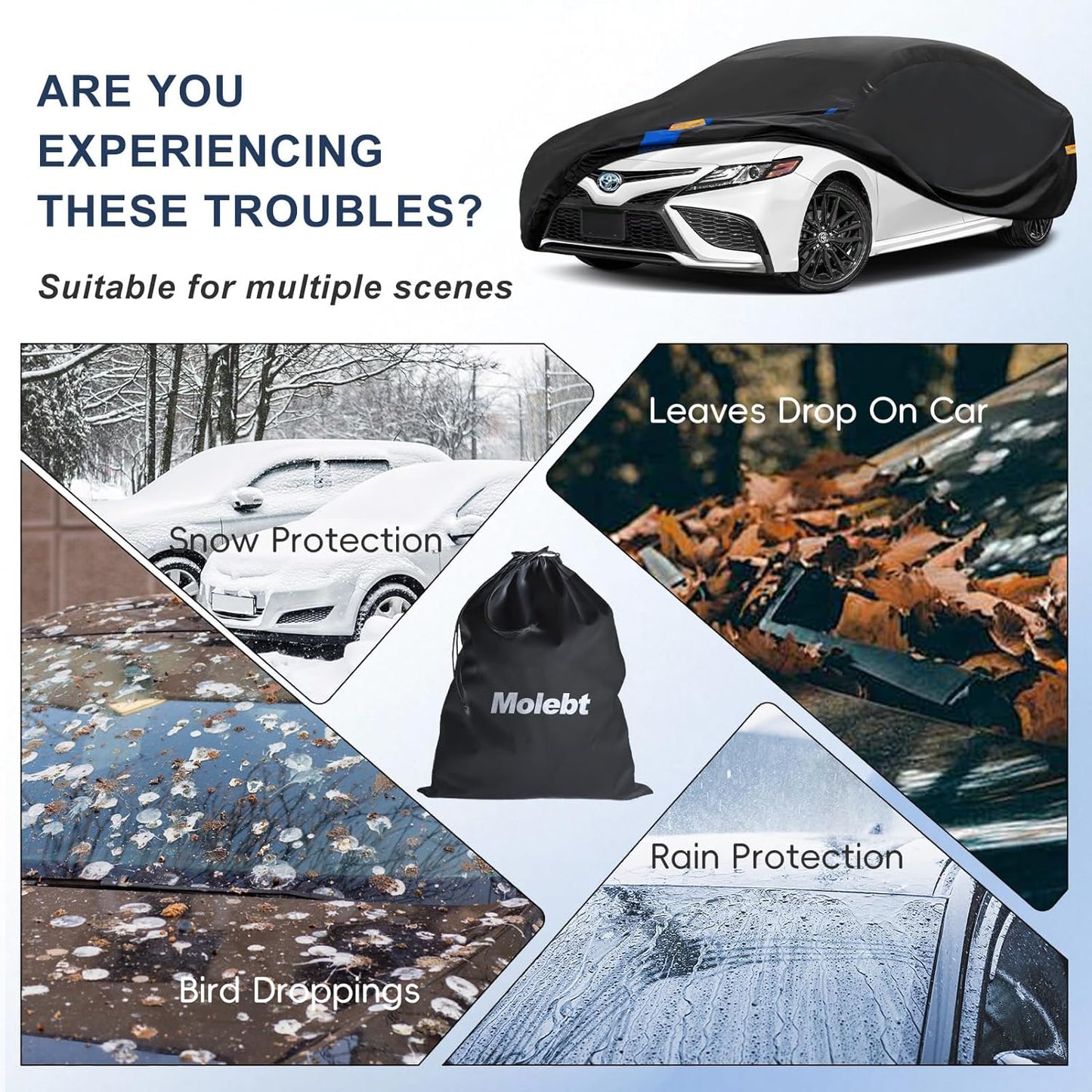 Car Cover Waterproof All Weather for Automobiles, Full Exterior Covers for Hatchback (163-178 inch) Universal Fit for Toyota Corolla, Mazda 3, etc. Rain Winter Sun Snow Protection.