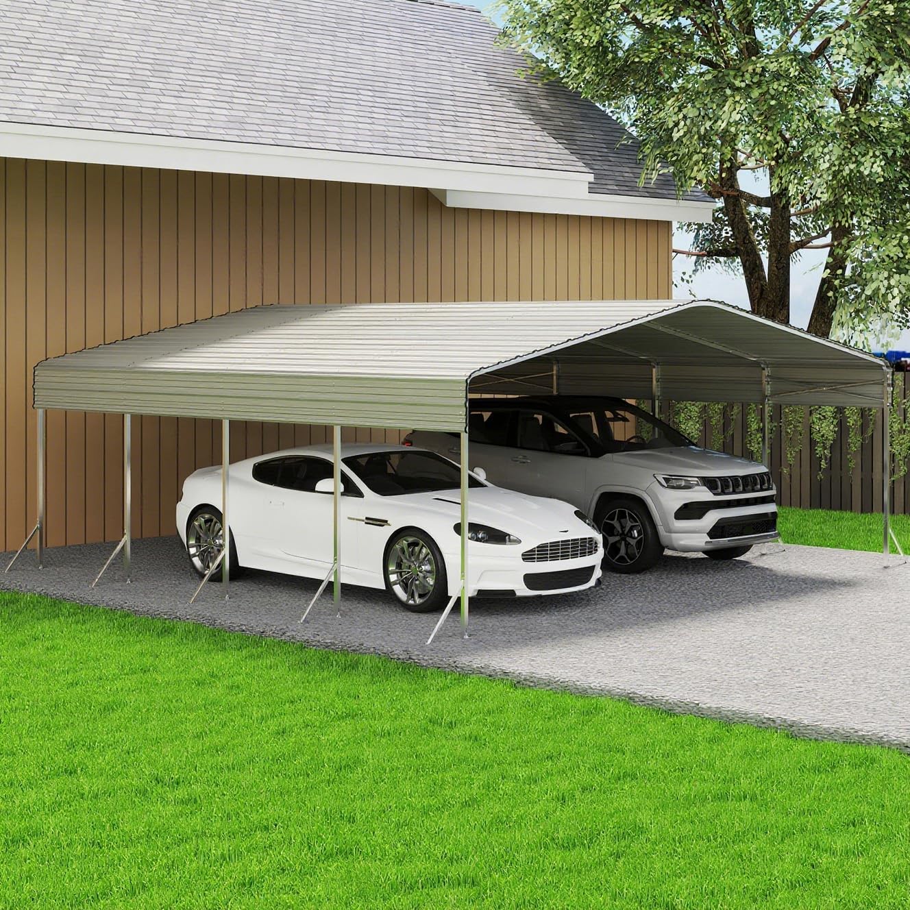 20x20ft Heavy Duty Metal Carport – Outdoor Galvanized Garage, Sturdy Structure, All-Weather Protection, Easy Assembly for Cars, Trucks, Boats, Tractors, and Outdoor Storage (White, 20x20FT)