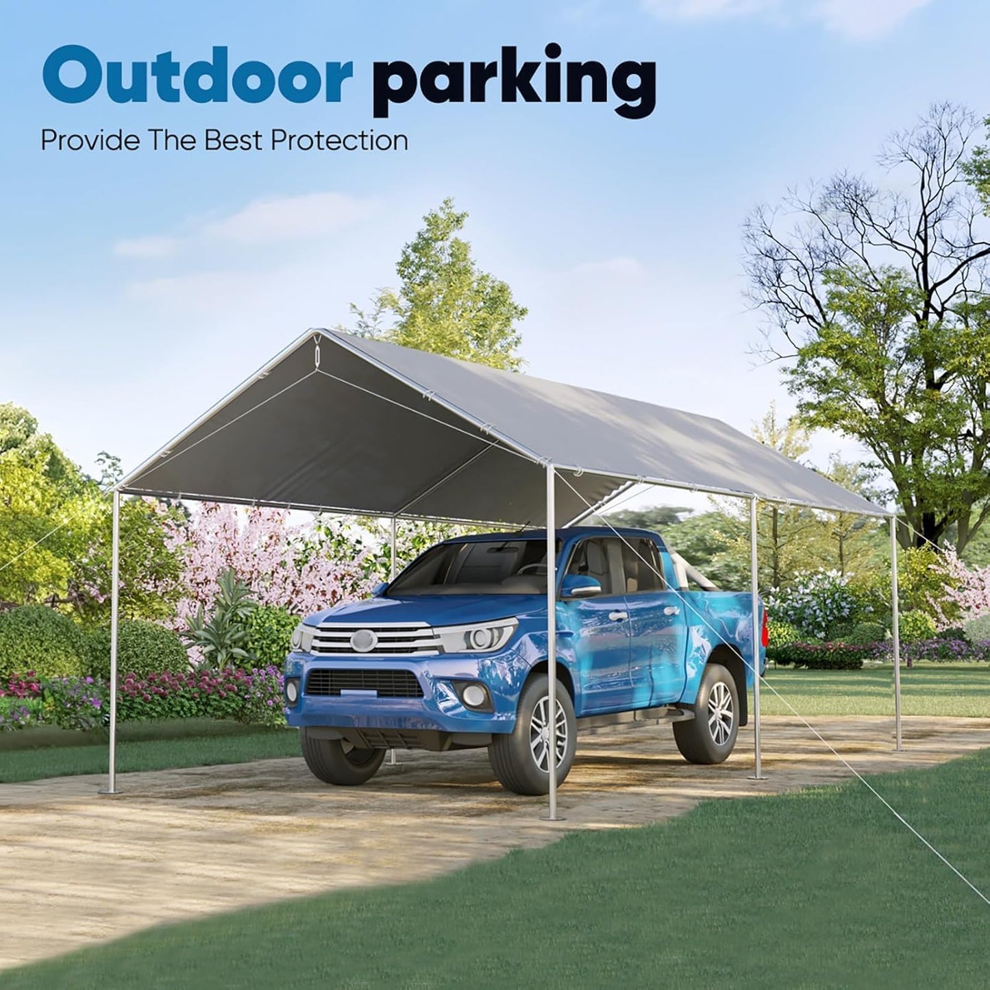 Quictent 10x15 ft Heavy Duty Car Canopy Galvanized Frame Carport Outdoor Party Tent Boat Shelter with 3 Reinforced Steel Cables - Grey