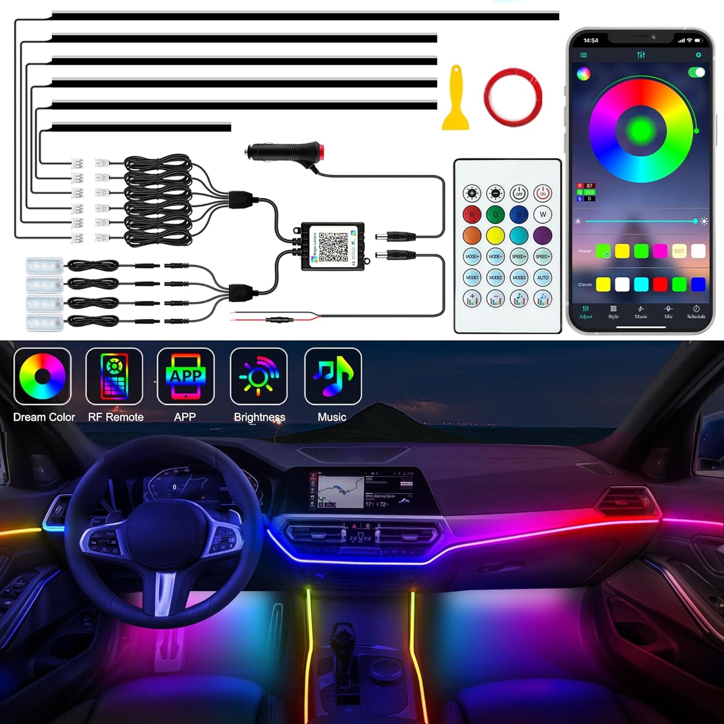 Interior Car LED Strip Lights, Acrylic LED Lights for Car with Dynamic Dreamcolor Chasing, Ambient Lighting Kits Music Sync Wireless APP and RF Remote Control (10 in 1)