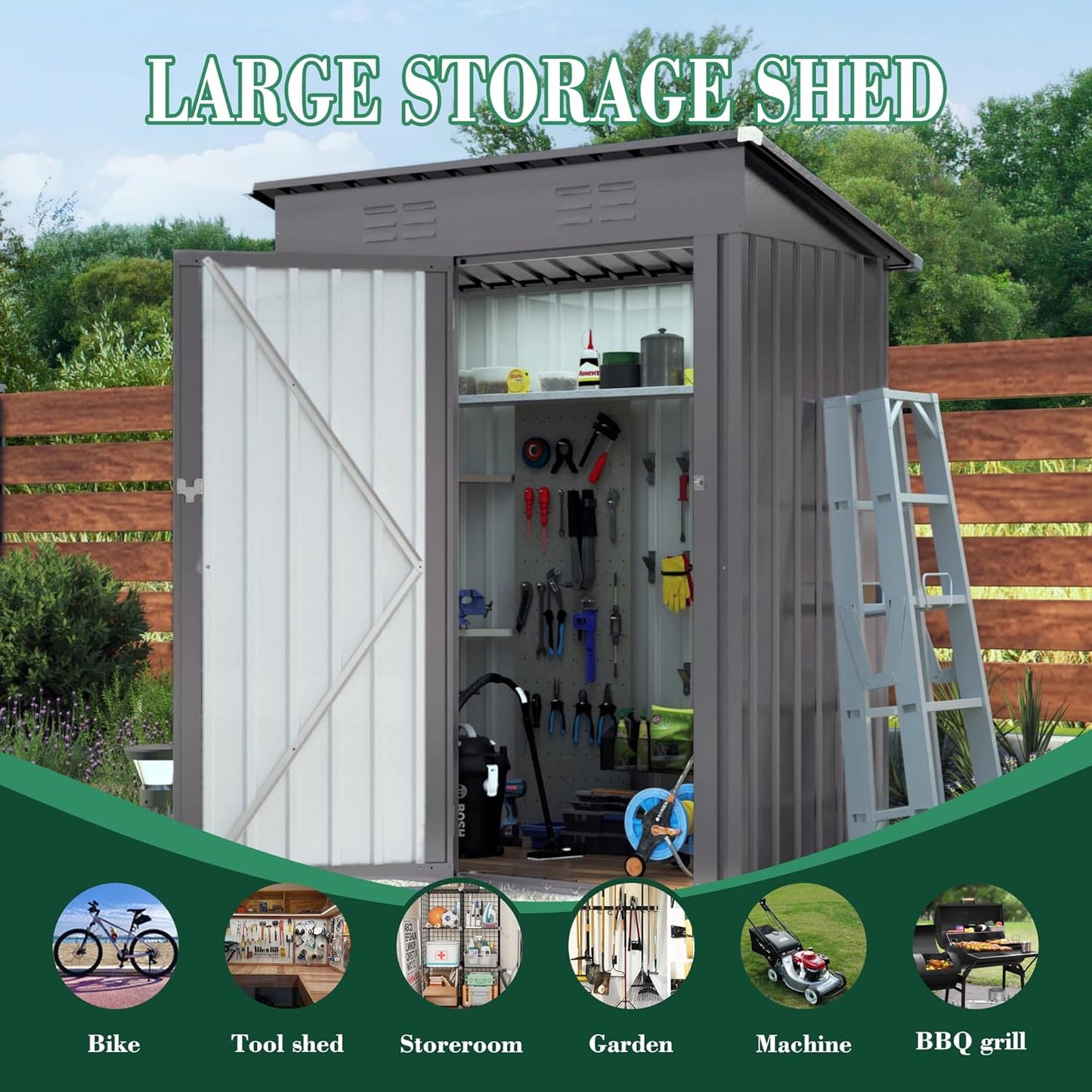 5x3x6FT Outdoor Storage Shed, Galvanized Steel Garden Shed with Lockable Door & Window, Waterproof Metal Tool Storage for Garden, Backyard, Patio, Lawn(Pitched Roof)