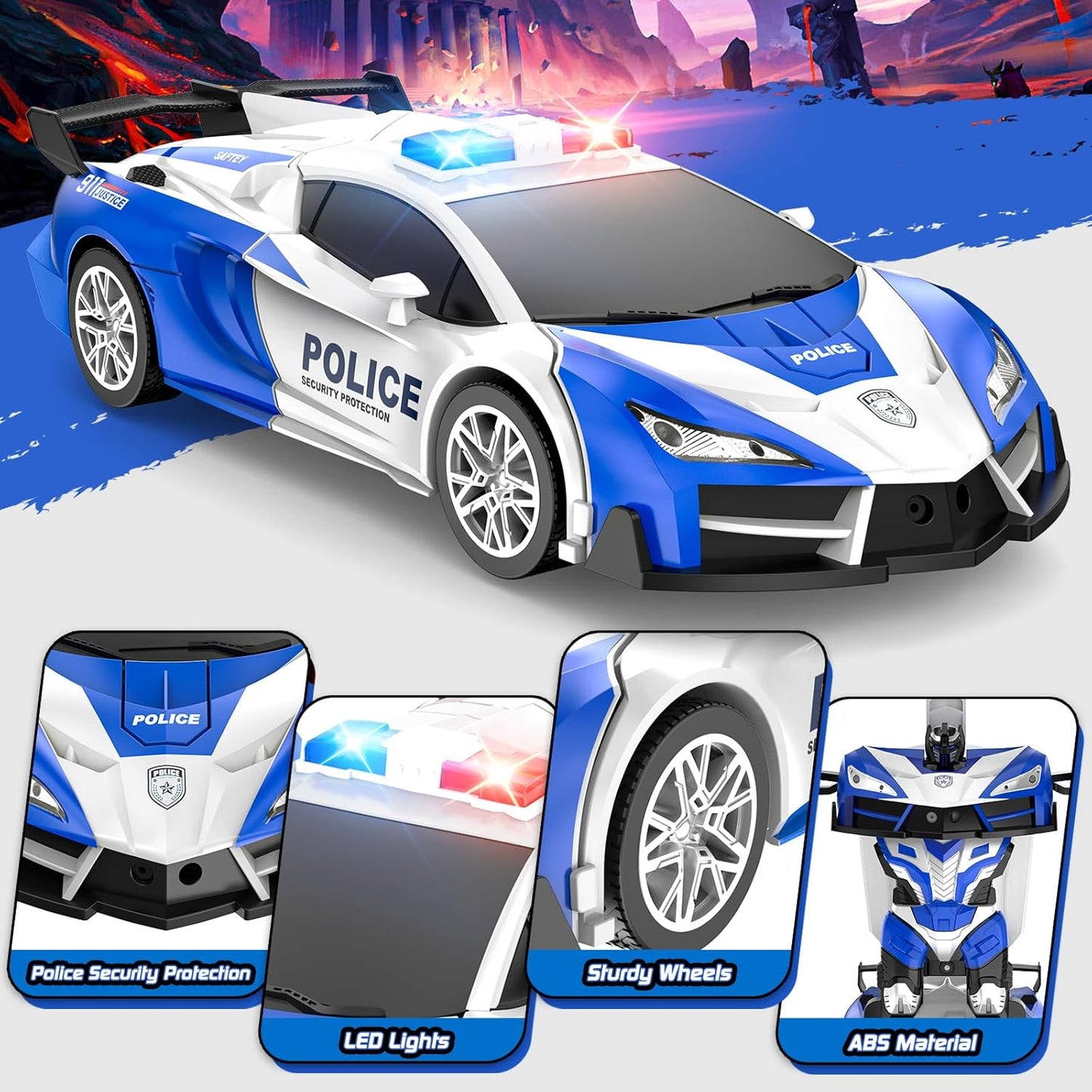 Remote Control Car for Boys 4-7, 2.4GHz RC Car 1:18 Scale, One-Button Transforming Toy with 360° Spins, LED Lights (Blue)