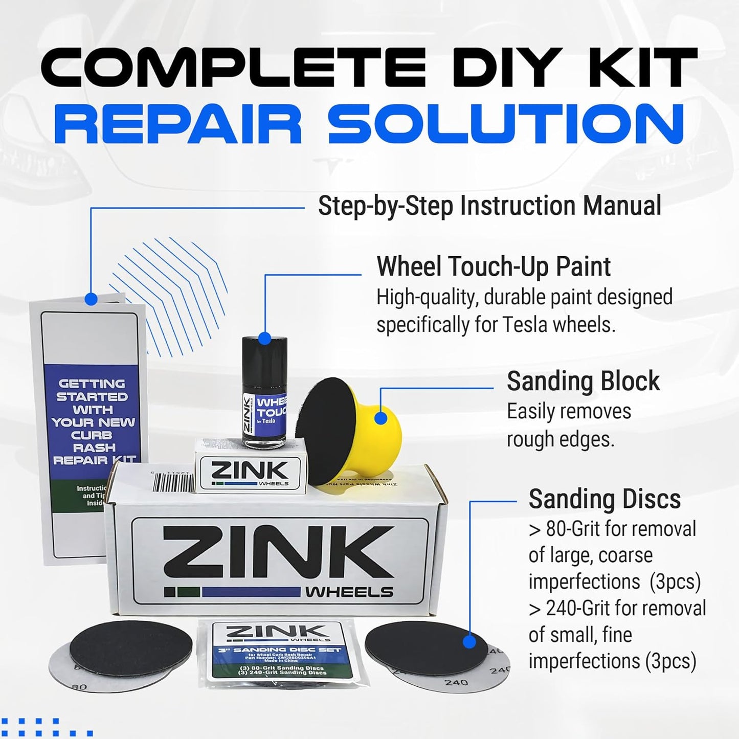 Premium Tesla Wheel Curb Rash Repair Kit for Model S 19-inch Sonic Carbon Slipstream Rims - DIY Kit with Color-matched Touch Up Paint - Made in USA