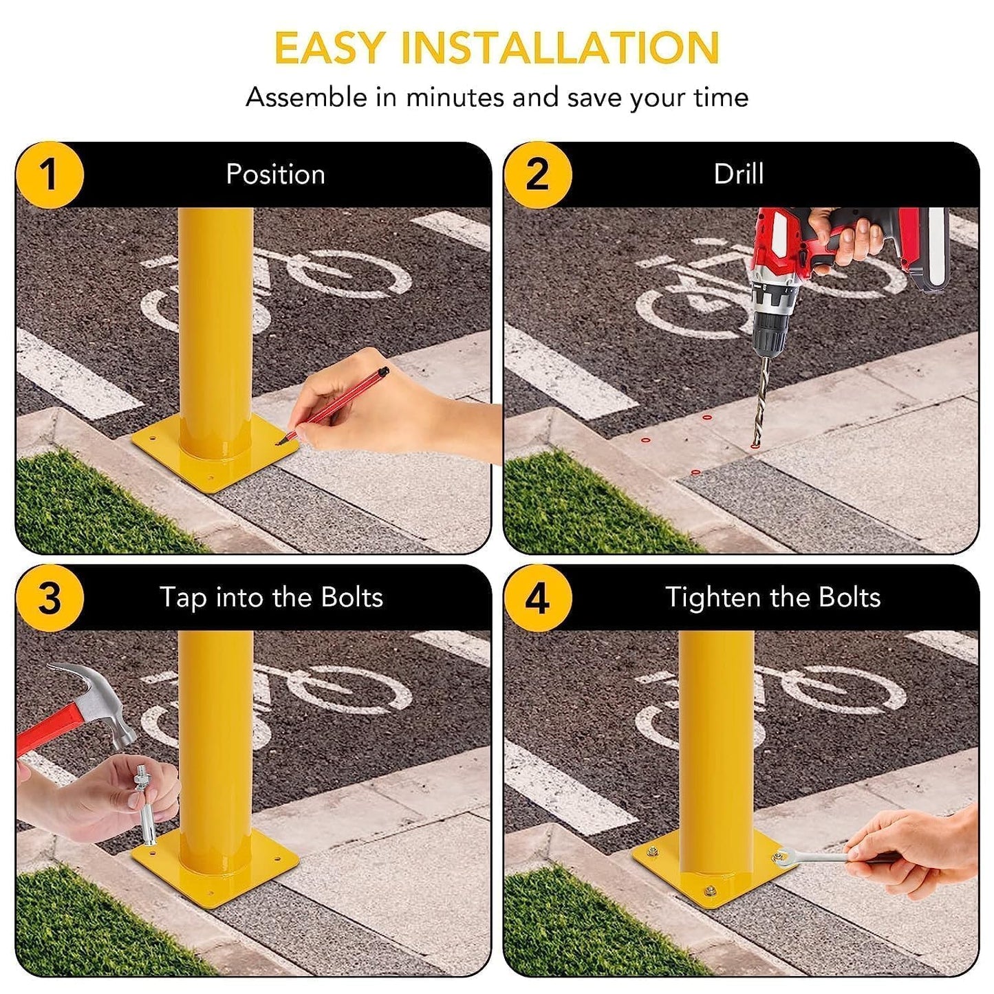 Safety Bollard 6 Packs,36 Inch High Heavy-Duty Yellow Safety Bollard Steel Posts,4.5 Inch Diameter,Safety Bollard with 16 Anchor Bolts - Perfect for Traffic Control, Driveway Barriers,Parking Poles