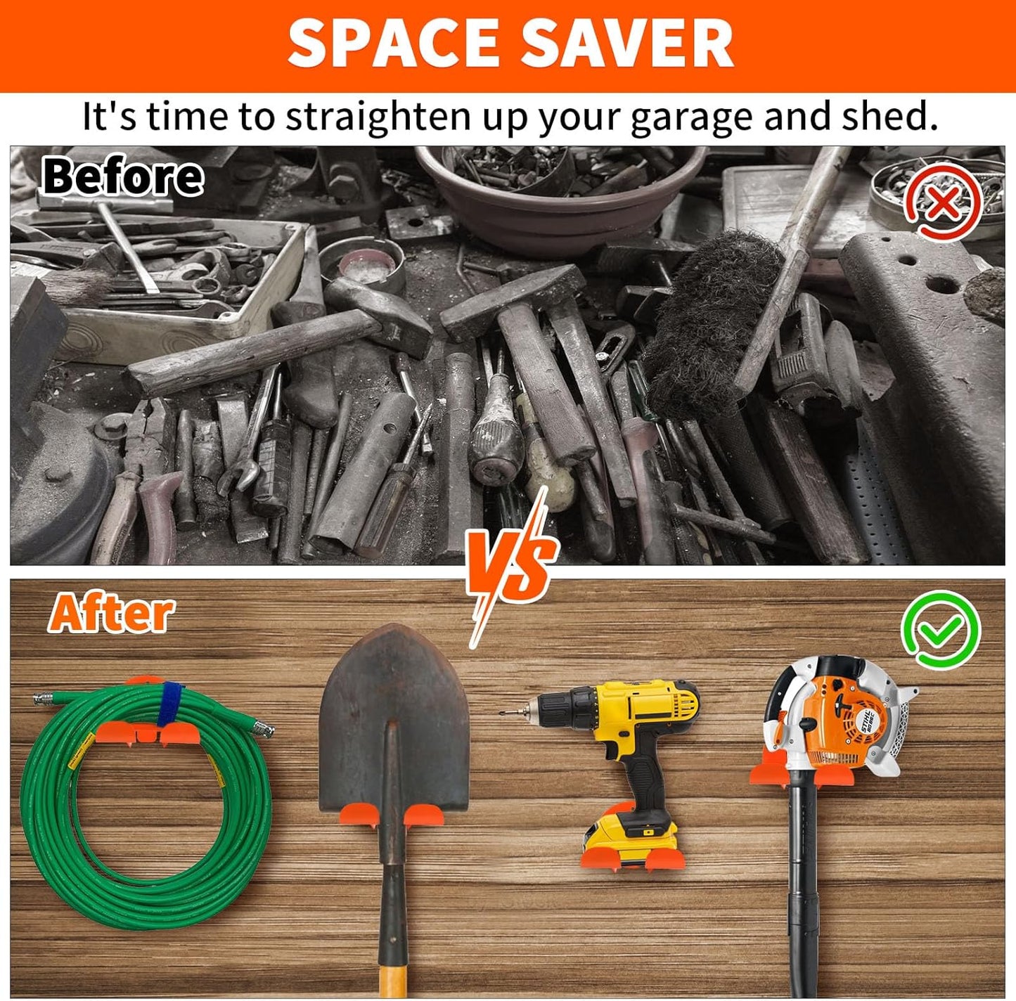 Upgraded Trimmer Rack Wall Mount - 8" Heavy Duty Weed Eater Hanger for Garage Wall Bracket, Garden Power Tool Holder Organizer Hooks for Grass Trimmer, Hedge Trimmer, Leaf Blower and Chainsaw, 2 Pack