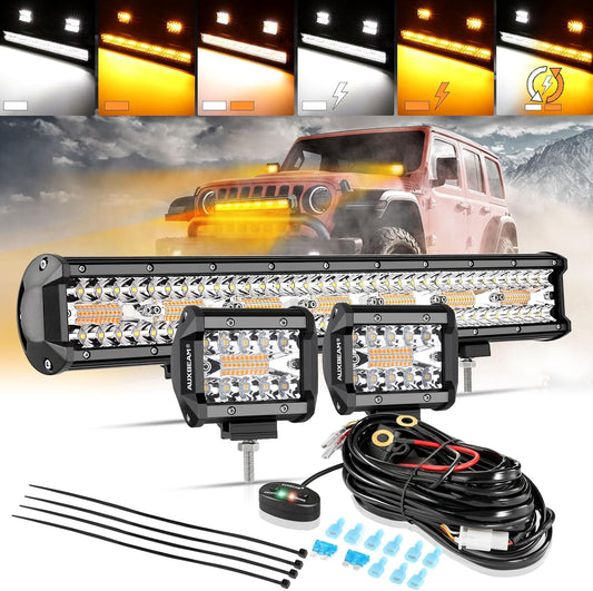 Auxbeam 20" 420W LED Light Bar w/ 2x 4" 120W Pods, Amber/White Strobe Off-Road Fog Lights, 6 Modes, Memory Reset, Spot/Flood, Yellow, Ditch Light for Truck Car ATV