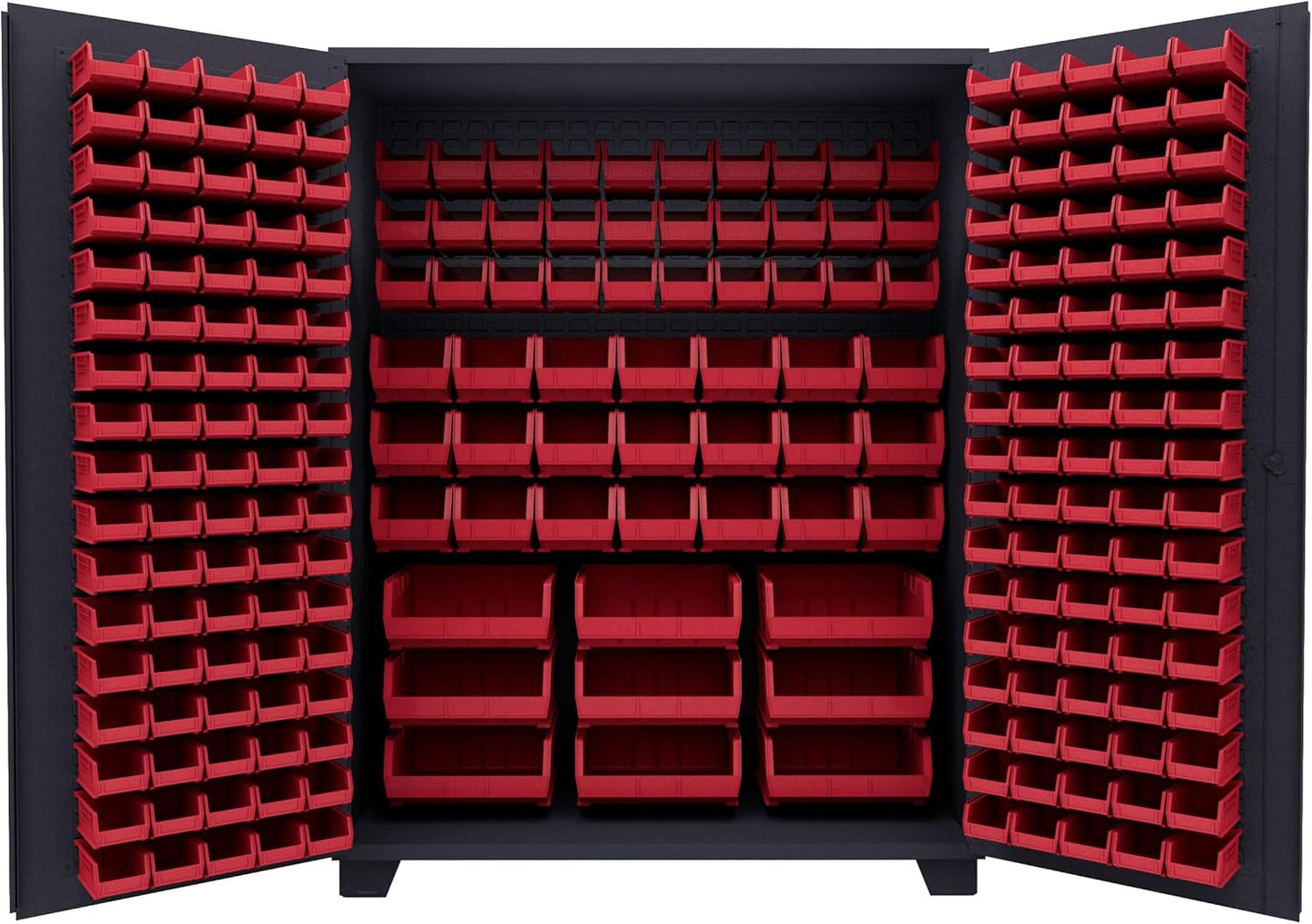 Jamco Tool Storage Cabinets with Bin Mounts, Model DE, Includes 230 Bins, 60-Inch W x 24-Inch D x 78-Inch H, Red Bins
