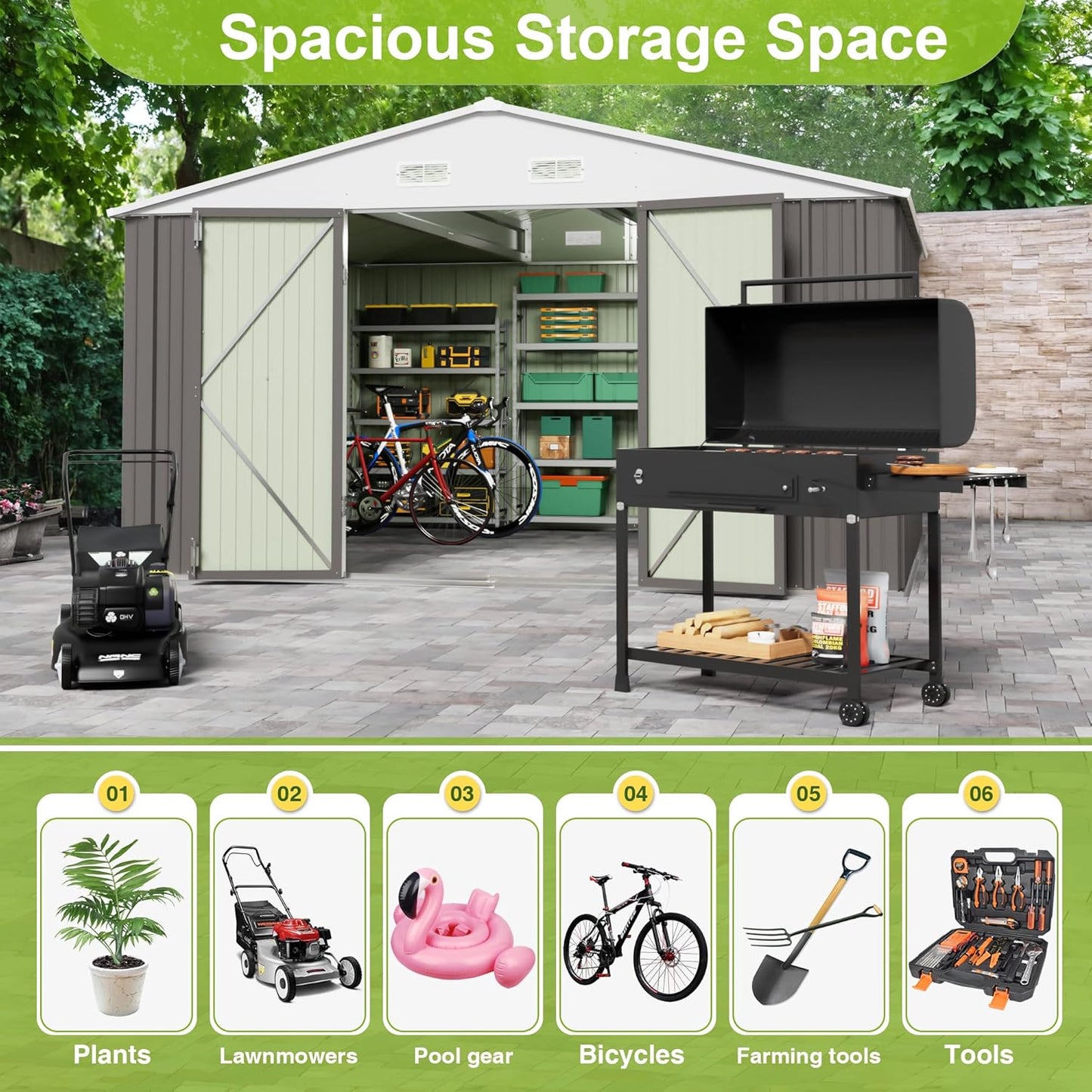 JUMMICO 8 x 10 FT Outdoor Storage Shed, Large Metal Garden Shed & Tool Sheds for Backyard Garden Patio Lawn (Grey)