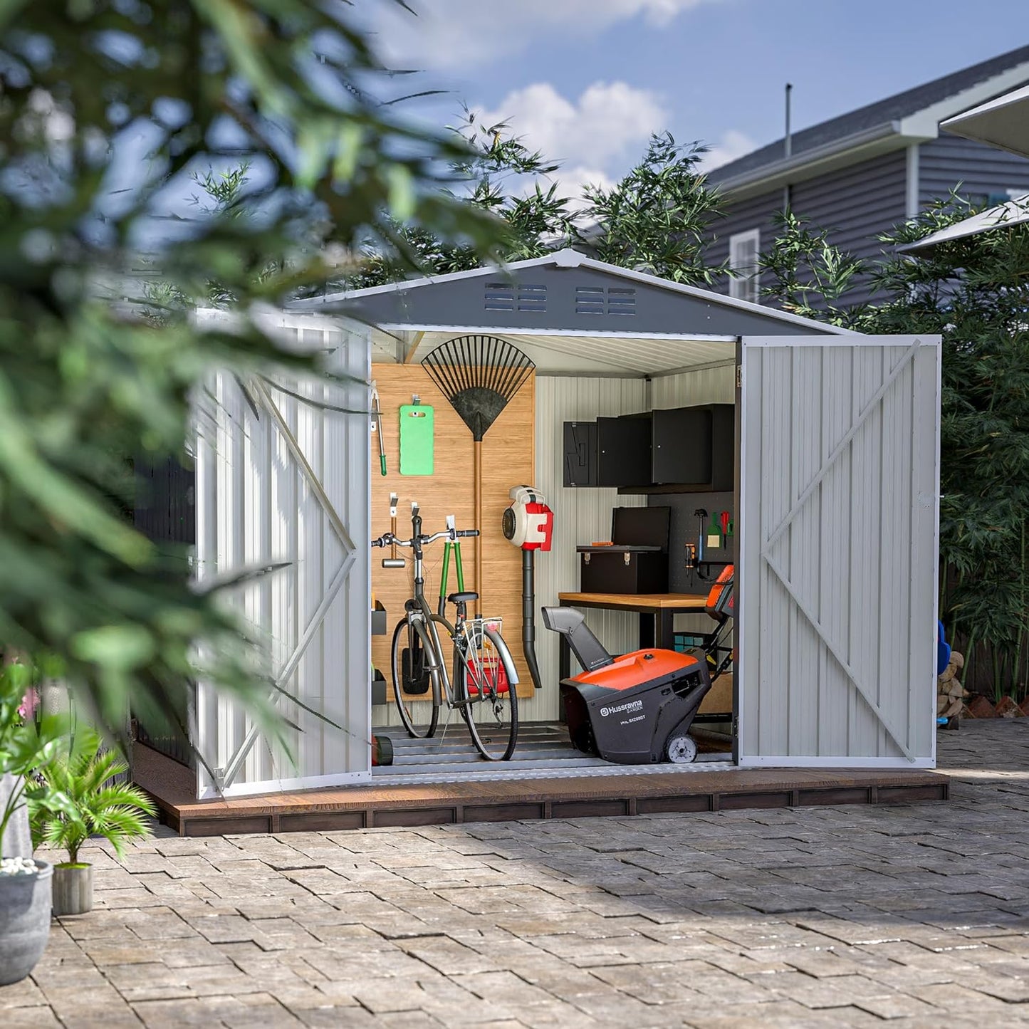 Outdoor Storage Shed,8X6 FT Metal Garden Shed with Lockable Doors & Slooping Roof,Updated Reinforced Door,Tool/Bike Sheds for Backyard, Patio, Poolside,Garage