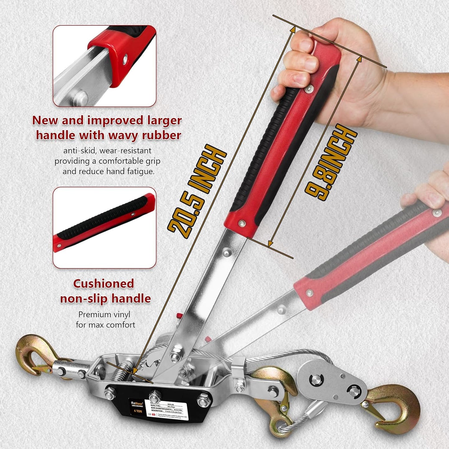 Come Along Winch,4T Capacity with 10FT Steel Cable,Heavy Duty Ratchet Power Puller Tool with Dual Gears,3 Hooks,Hand Winch Tool for Road Vehicle Recovery and Pulling Tree