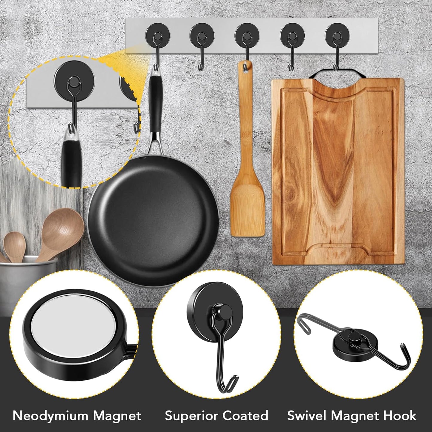 MIKEDE Black Strong Magnetic Hooks, 70LB+ Swivel Swing Magnetic Hooks Heavy Duty, Cruise Hooks Neodymium Magnets with Hooks for Hanging, Home, Metal Door, Office and Garage - Pack of 4