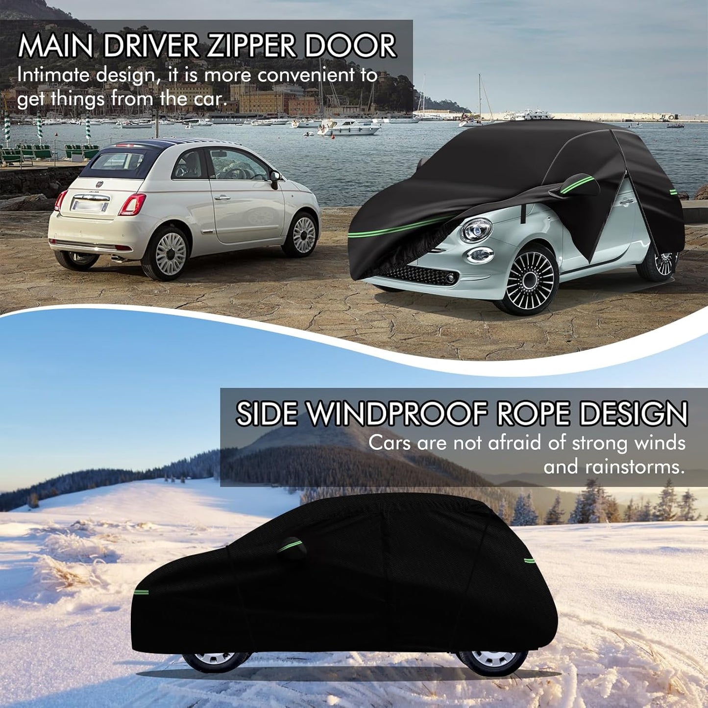 Replace for 2007-2023 Fiat 500/500C Car Cover 210D Outdoor Waterproof UV Snow Rain Protection, with Cotton Layer, Zipper Door, Reflective Strip, Storage Bag, for Abarth Turbo Sport Lounge Pop