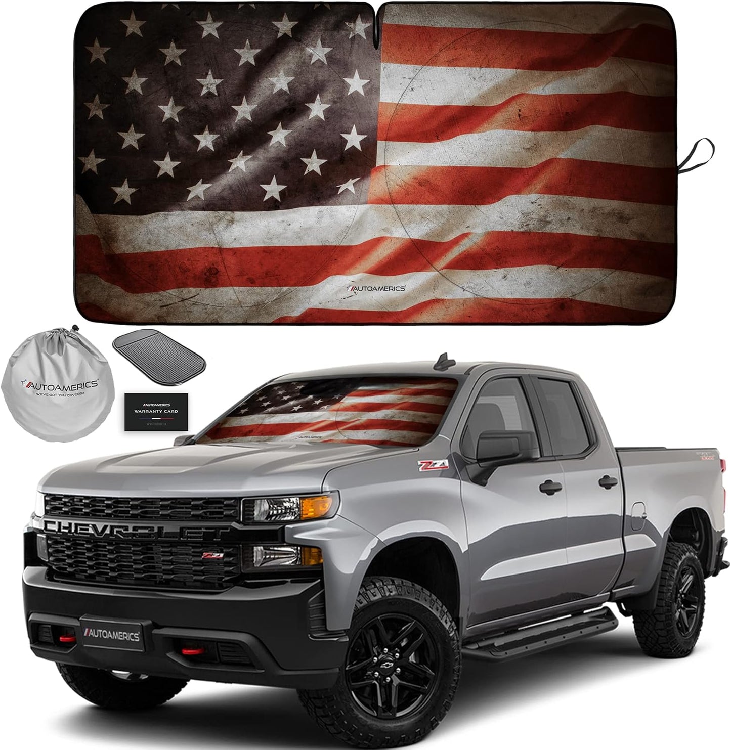 Autoamerics 1-Piece Windshield Sun Shade Grunge American Flag - 1 USA Design - Foldable Car Front Window Sunshade for Most Sedans SUV Truck - Blocks Max UV Rays and Keeps Your Vehicle Cool - Large