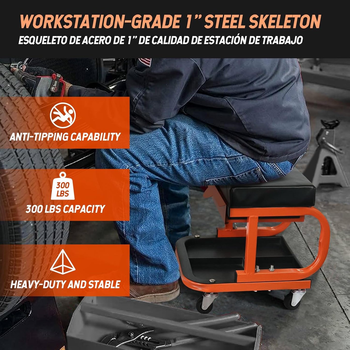 SEKAM Rolling Creeper Garage/Shop Seat, 250 LBS Capacity Padded Rolling Workshop Stool with Tool Tray Storage, Mechanic Stool for Garage, Shop, Auto Repair, Orange