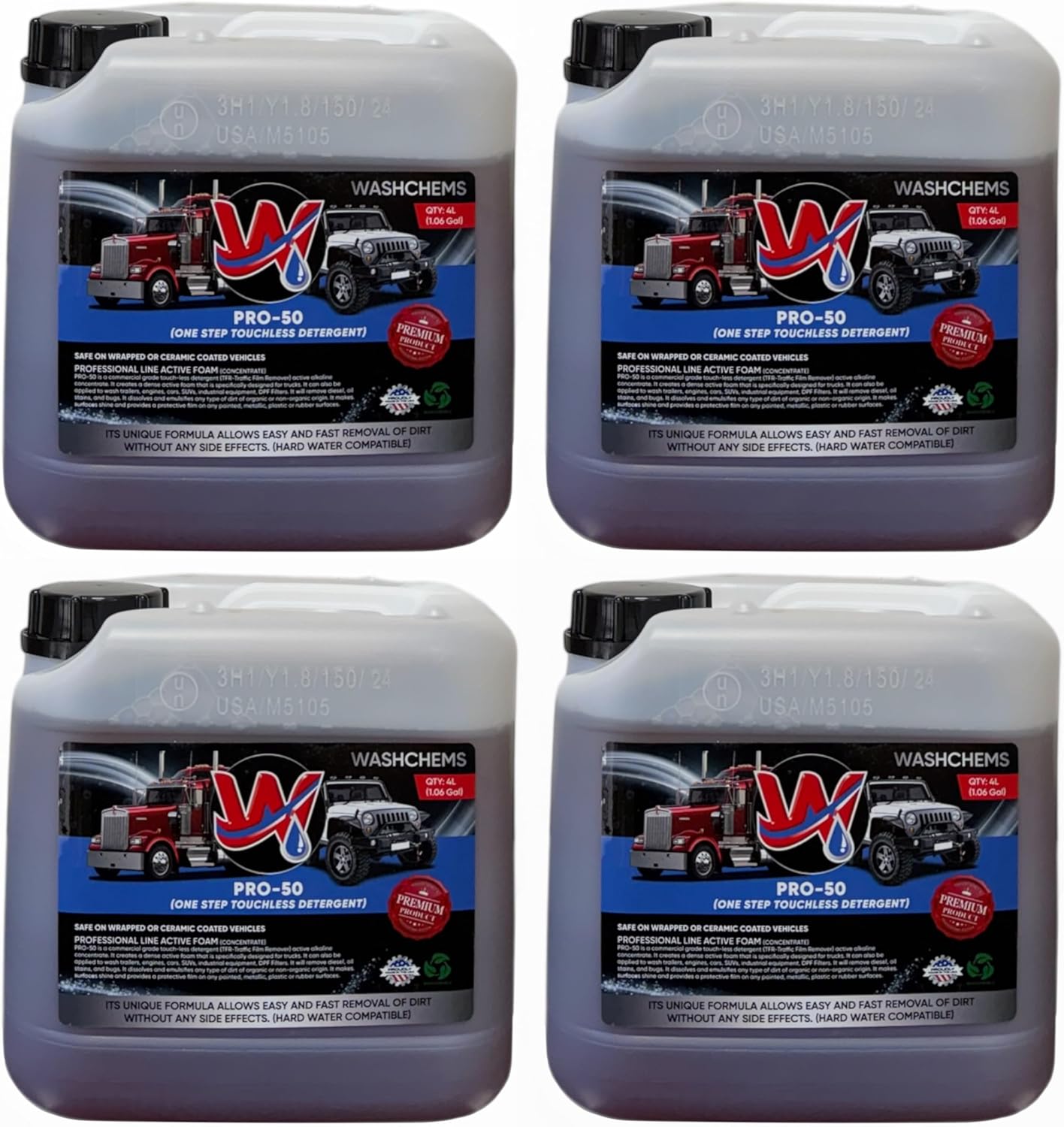 Wash Chems Pro 50 Touchless Car Wash Detergent Soap Concentrate No Brushing, Commercial Grade Professional Auto Foam Cleaner Also Great for Trucks & Tractors (4, 1 gallon)