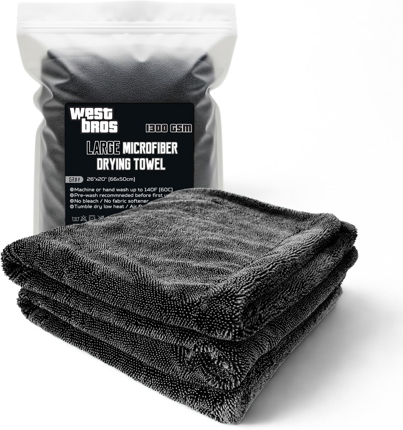 Large Car Drying Towel, 1300 GSM Professional Car Towel with Double Twisted Loop,Super Absorbent Large Microfiber Drying Towels for Cars, Trucks, SUVs - 20"x26", Gray