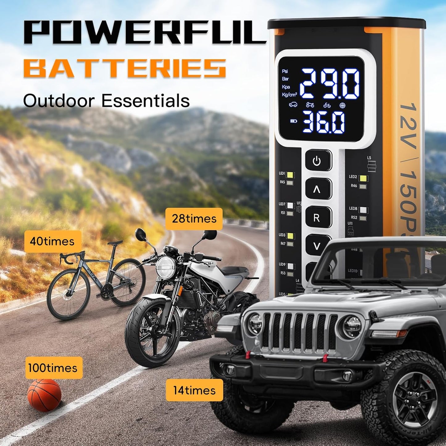 Tire Inflator Portable Air Compressor, Air Pump for Car Tires 5X Faster 150 Psi Digital Pressure Gauge, LED Light and Auto Shut-off Cordless Pocket Portable Pump for Car, Motorcycle, Bike, Balls etc.