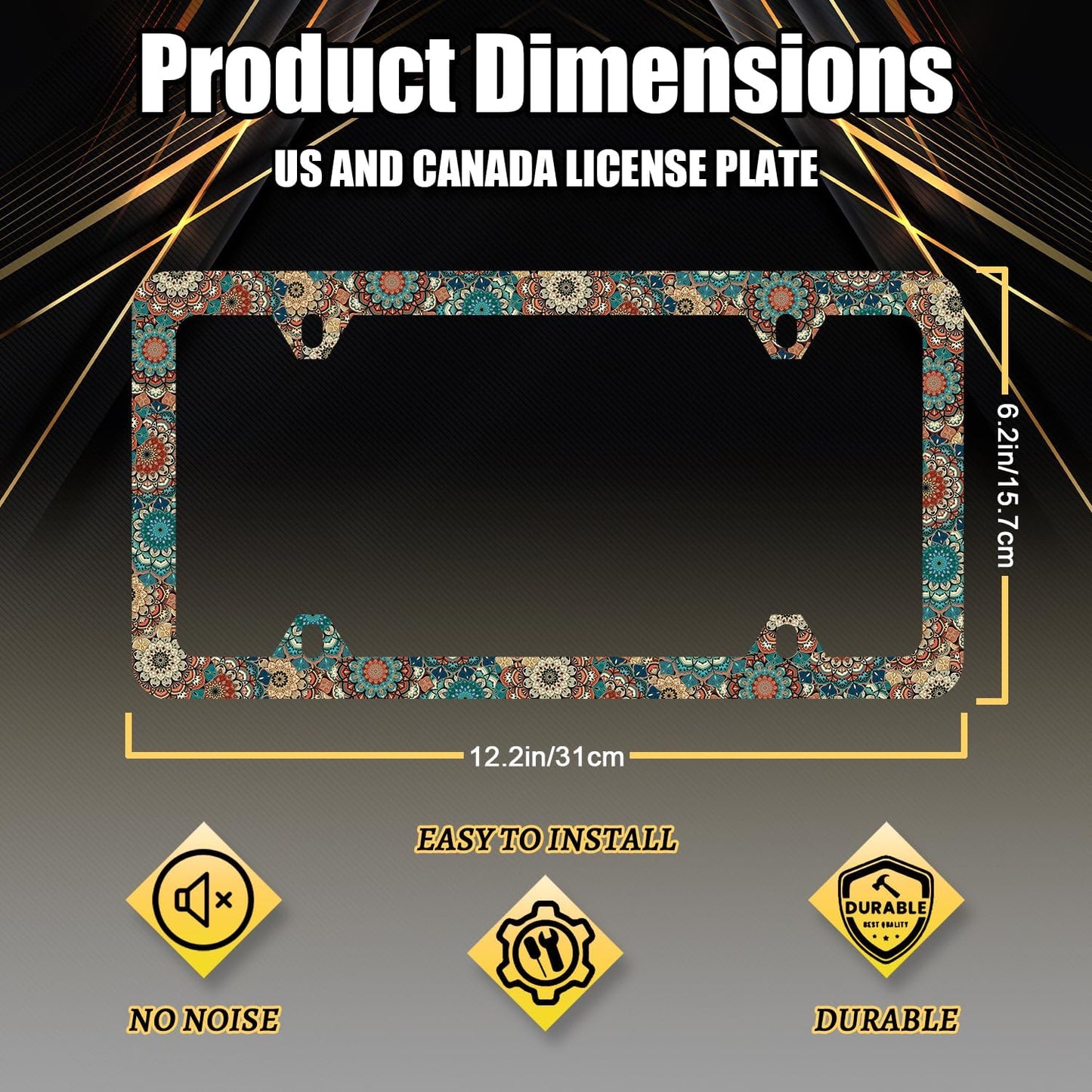 Vintage Mandala Flowers License Plate Frame Boho Floral License Plate Holder Funny License Plate for Car Decoration Stainless Steel Colorful Car Accessory with Screws Men Women 12.3" x 6.3"