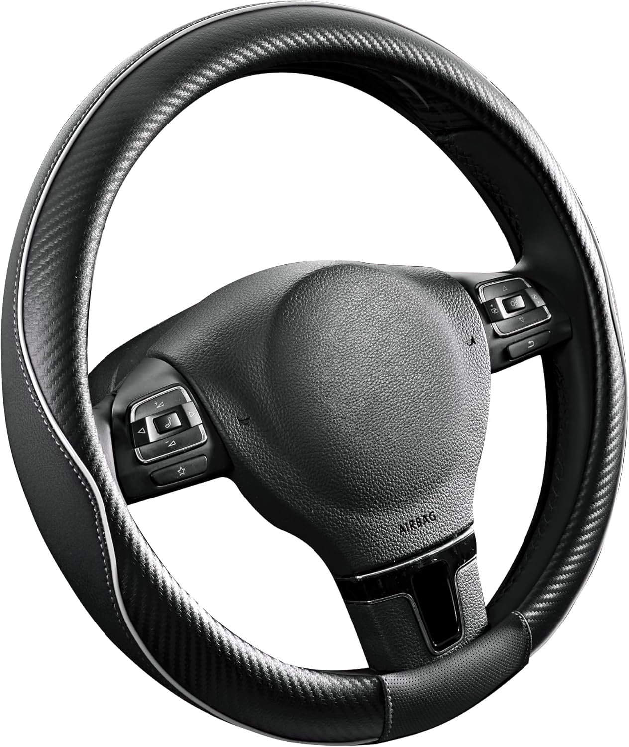 PIC AUTO Steering Wheel Cover, Gray Piping Leather, Sports Carbon Fiber and Super Breathable Leather, Universal 14.5-15.5 Inch Anti-Slip Steering Wheels Accessories for Men & Women