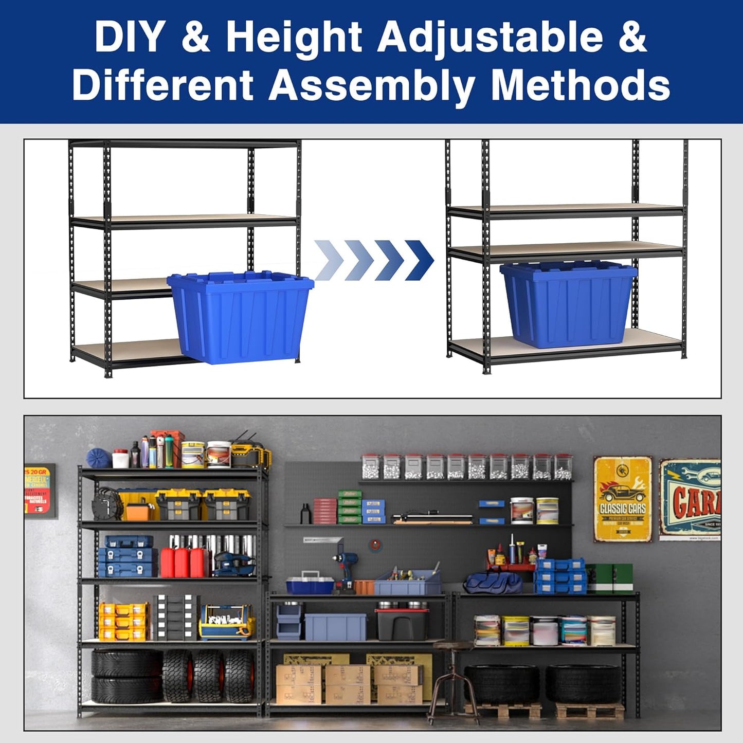 WORKPRO 5-Tier Metal Garage Shelving, 48”W x 24”D x 72”H, Adjustable Storage Rack, Heavy Duty Shelf with Particle Board, 2500 lbs Load Capacity (Total) for Garage, Basement, Warehouse, Kitchen