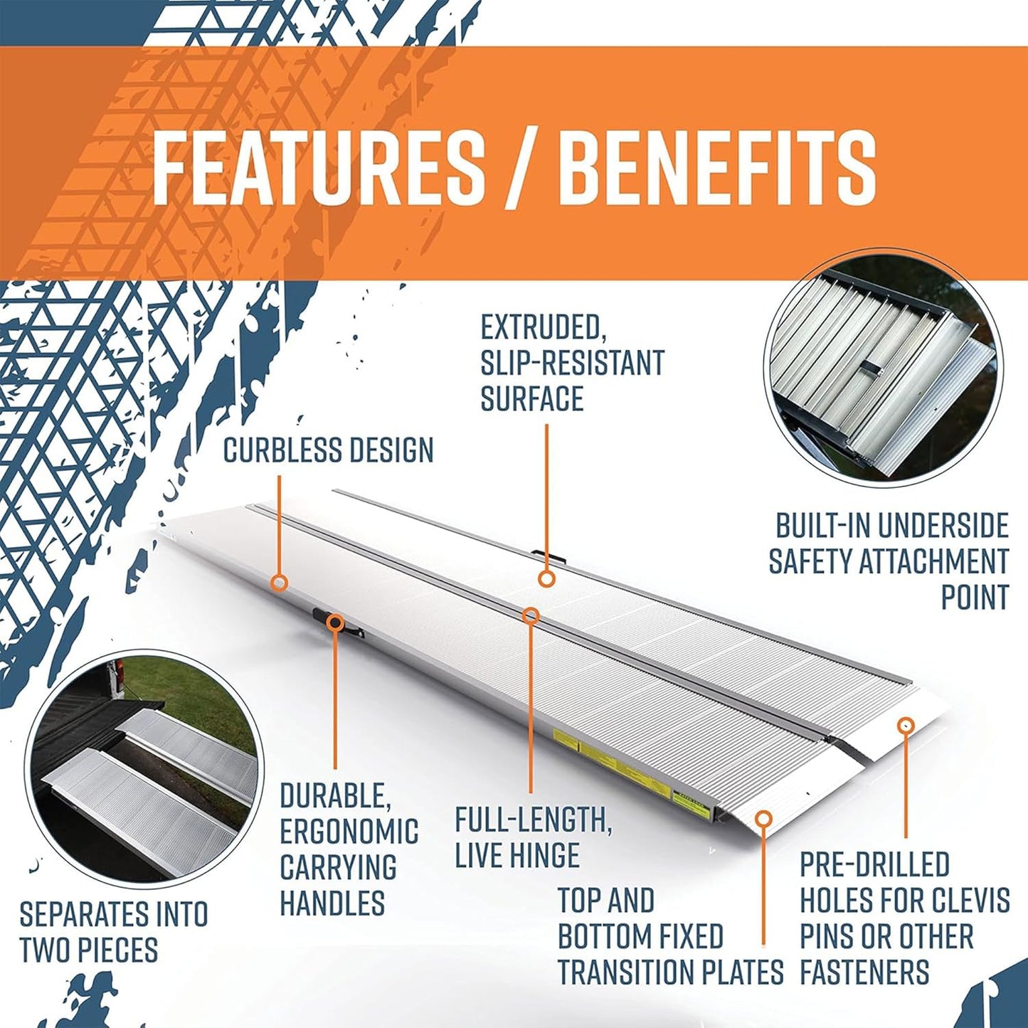 EZ-ACCESS Traverse 8 Foot Durable Aluminum Singlefold Edgeless Curbless Portable Folding Car Loading Ramp with Carrrying Handles, Silver