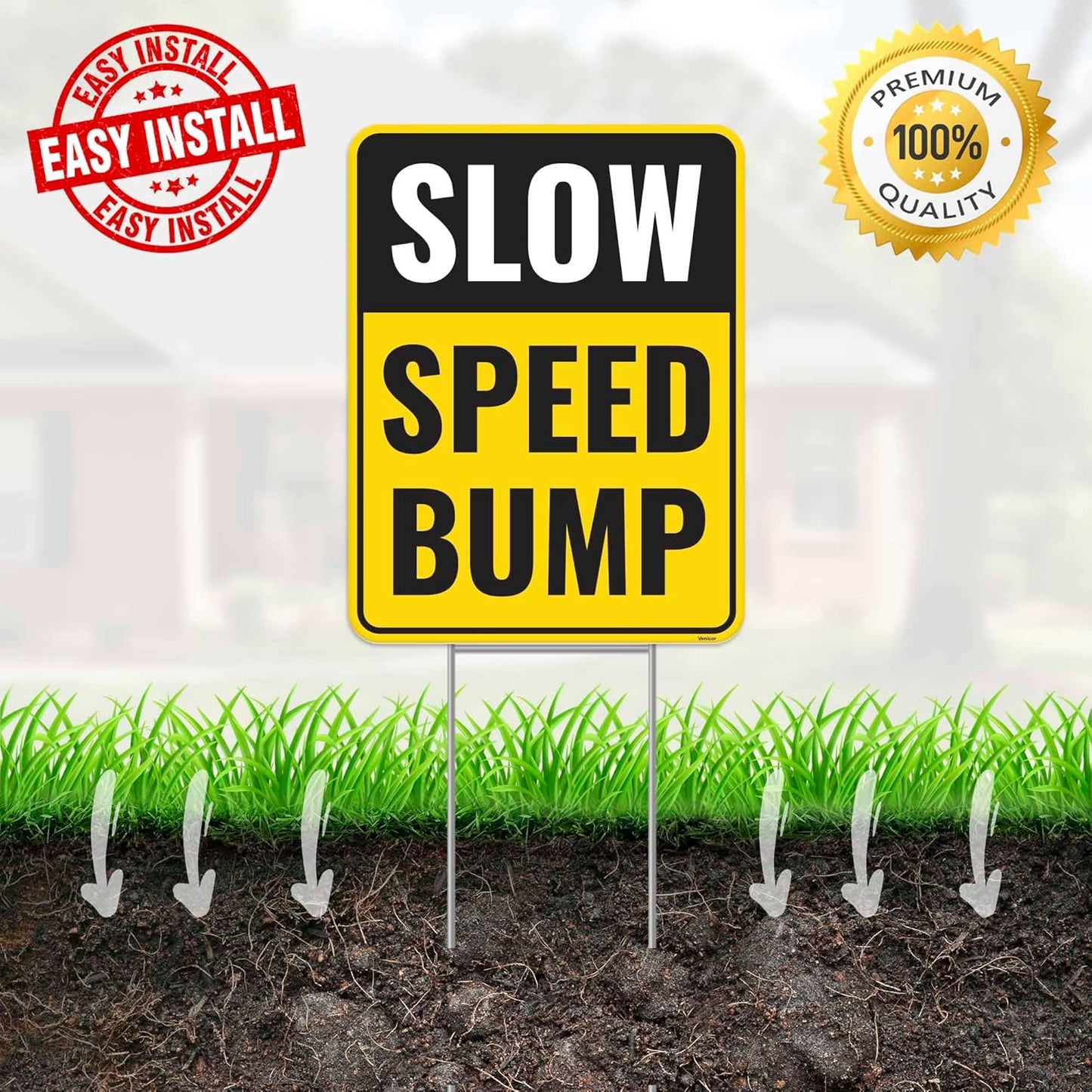 2PC Speed Bump Sign with Stakes, 17 Inches by 13 Inches - Corrugated Plastic - Caution Bump Ahead Signs