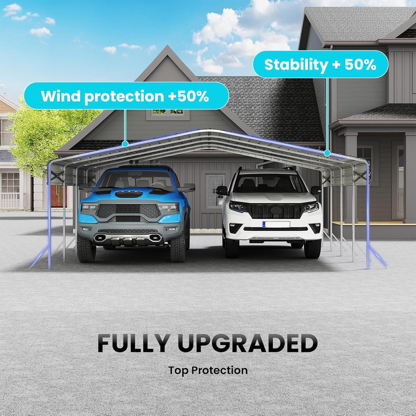 20x20ft Heavy Duty Metal Carport – Outdoor Galvanized Garage, Sturdy Structure, All-Weather Protection, Easy Assembly for Cars, Trucks, Boats, Tractors, and Outdoor Storage (White, 20x20FT)