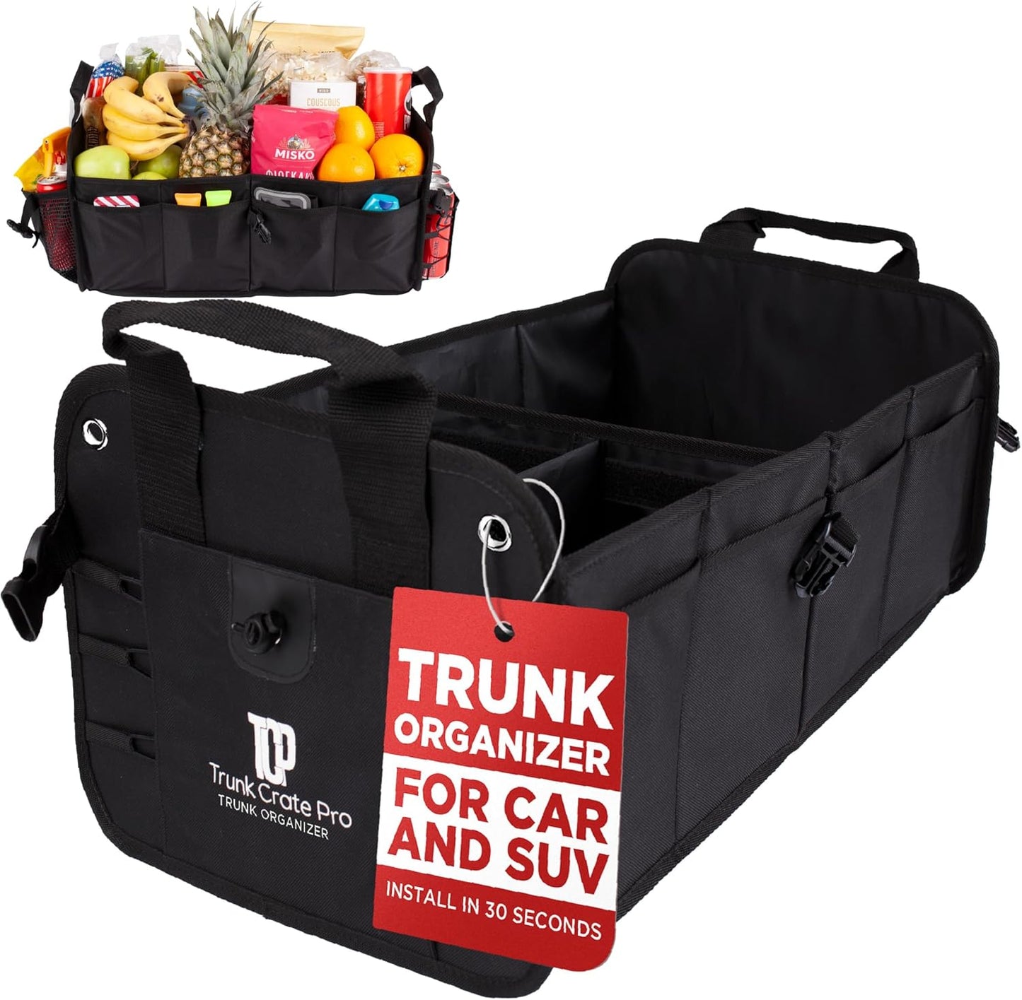 TRUNKCRATEPRO Car Organizers and Storage Premium Adjustable Multi Compartments Car Storage Organizer | Portable and Foldable SUV Trunk Organizer for Car (Standard size, black)