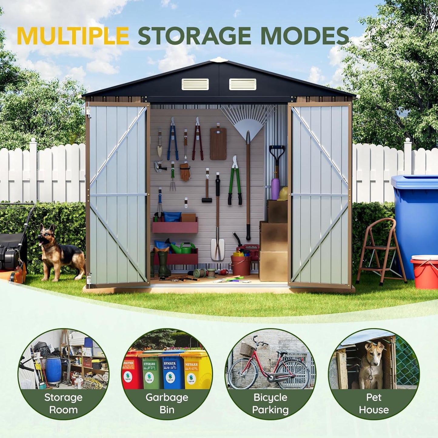 Breezz 8x6FT Outdoor Steel Storage Shed with Clear Window, Lockable Doors, Weather-Resistant Metal Tool Shed for Garden, Backyard, Patio, and Utility Storage.Brown