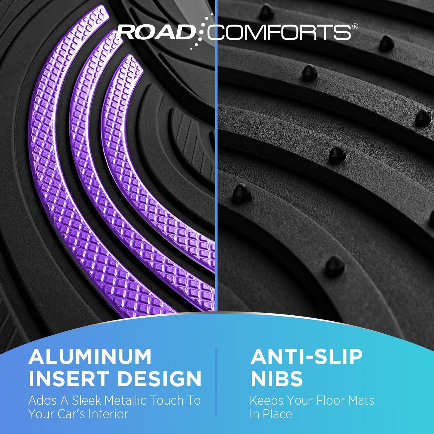 Road Comforts Car Floor Mats Full Set – Front & Rear Car Floor Mats with Aluminum Design, Anti-Slip Backing, All-Weather Protection, Trim-to-Fit Car Mats for Most Sedans, SUVs & Vans - Lighet Purple