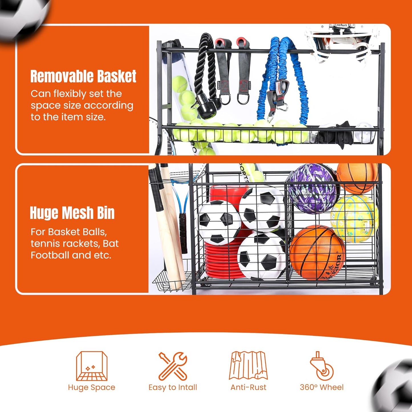 Sports Equipment Organizer - 29.6" W x 42.7" H - Rolling Garage Ball Storage Rack - Golf Bag Storage Stand & Other Sports Equipment & Toys - Indoor/Outdoor Stand - Removable Basket