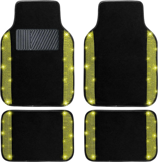 NBTEPEM Bling Car Floor Mats Full Set, Universal Fit Most Cars,SUV, Trucks, 4 pcs Sparkle Glitter Diamond Carpet for Women Girls with Anti-Slip Pad (Yellow Diamond)