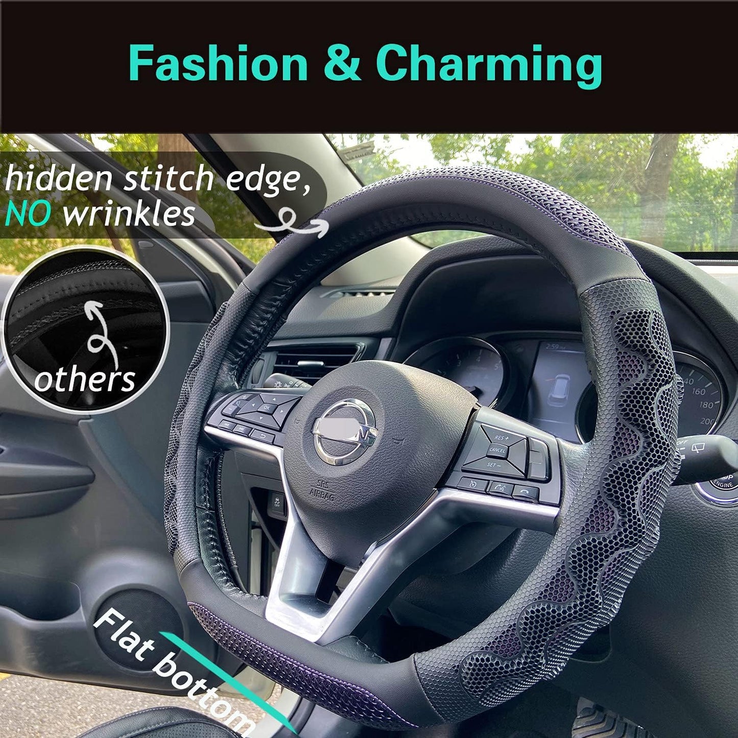 PINCTROT D Shaped 14 Inch Small Sized Steering Wheel Cover Great Grip with 3D Honeycomb Anti-Slip Design, Flat Bottom 14 Inch (Purple)
