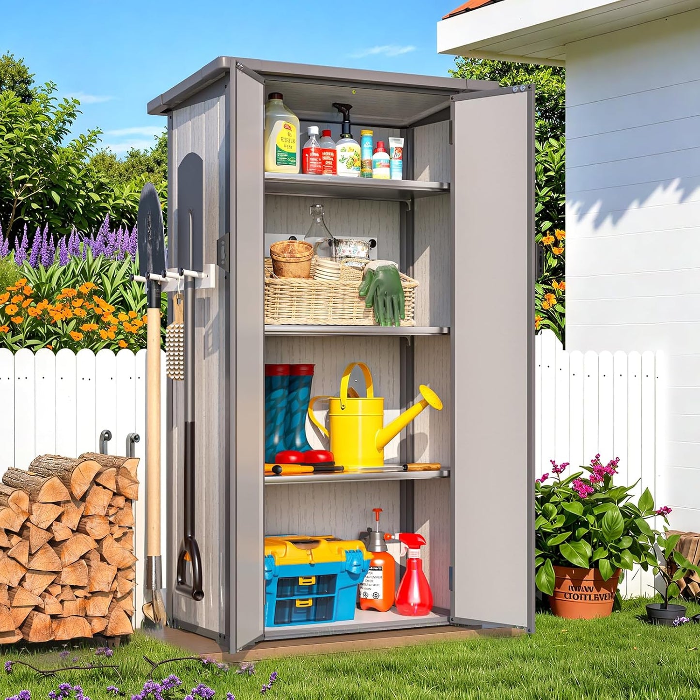 AECOJOY Resin Outdoor Storage Cabinet Waterproof with Adjustable Shelves, Vertical Tall Plastic Storage Shed with Reinforced Floor, All Weather Sheds & Outdoor Storage Clearance with Base for Outside