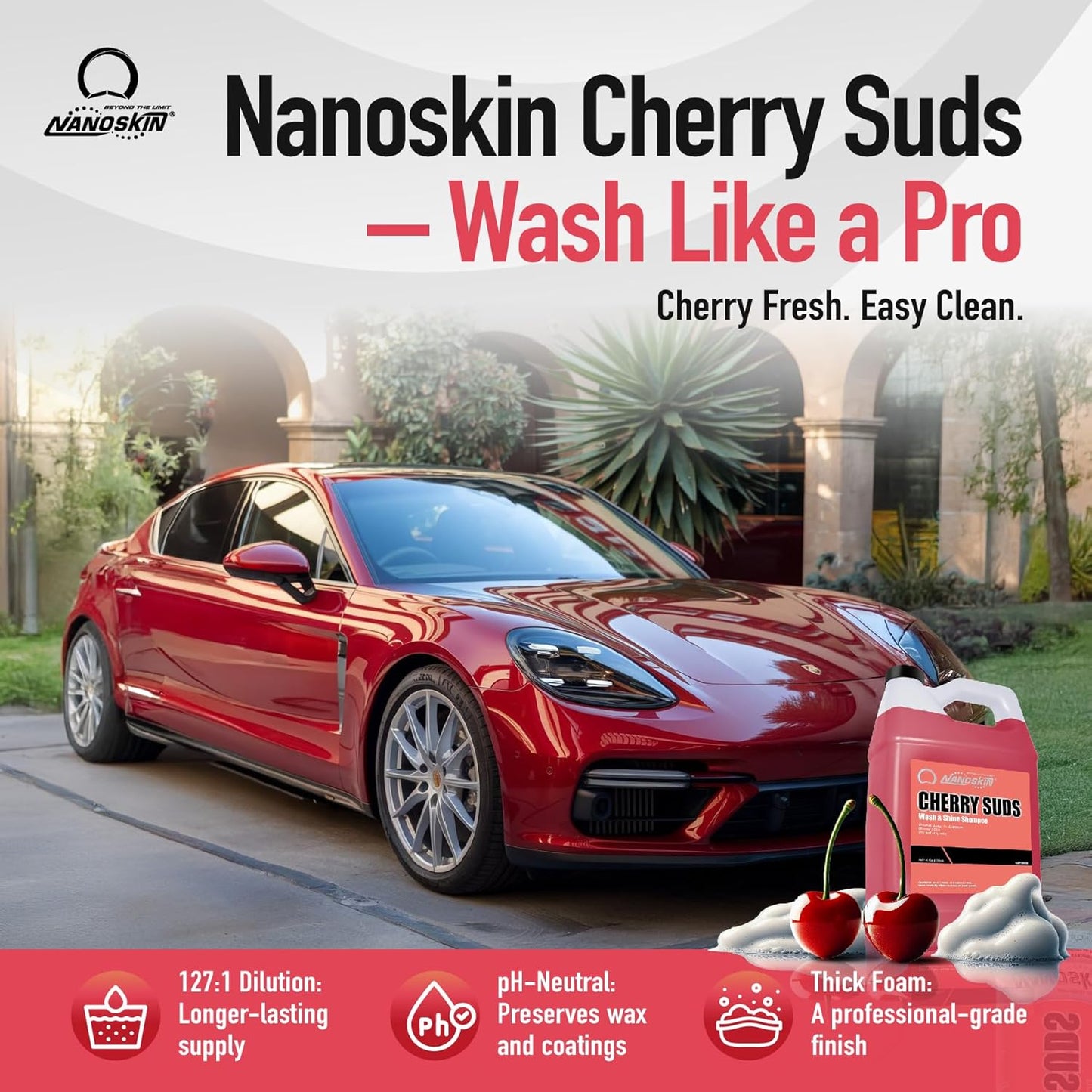 Nanoskin CHERRY SUDS Foaming Car Wash Shampoo 55 Gallons- Works with Foam Cannon, Foam Gun, Bucket Washes, Car Soap for Pressure Washer | Safe for Cars Trucks, Motorcycles, RVs & More | Cherry Scented