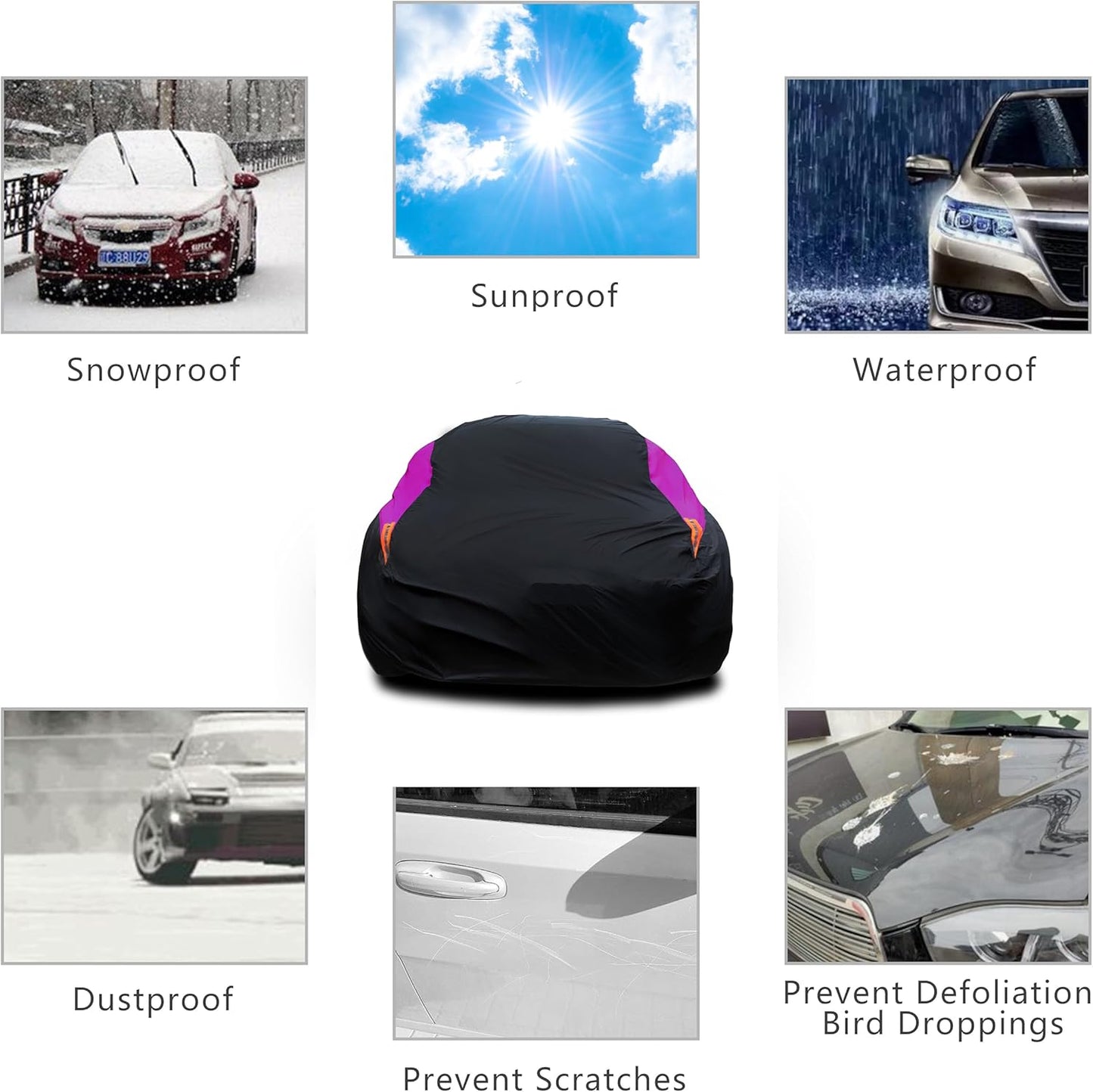 MORNYRAY Waterproof Car Cover All Weather Snowproof UV Protection Windproof Outdoor Full car Cover, Universal Fit for Sedan (Purple, A4-Fit Sedan Length(186-193 inch)