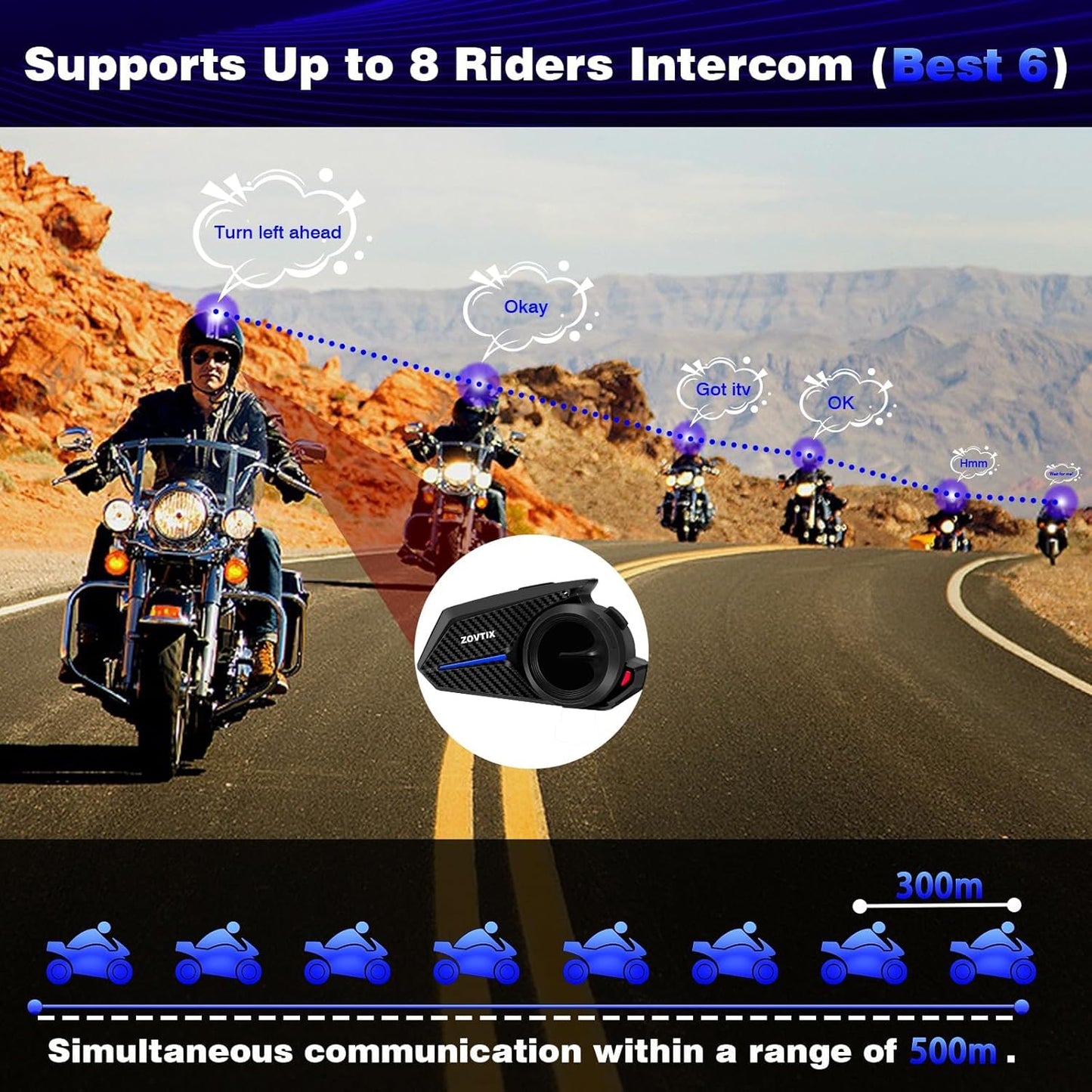 Motorcycle Helmet Headset Support 8 Riders Group Intercom Communication System, Motorcycle Headset with Music Sharing/HiFi Sound/3 EQ Music Modes/Noise Cancellation/IP67/FM Radio/Wake up Siri - 1 Pack
