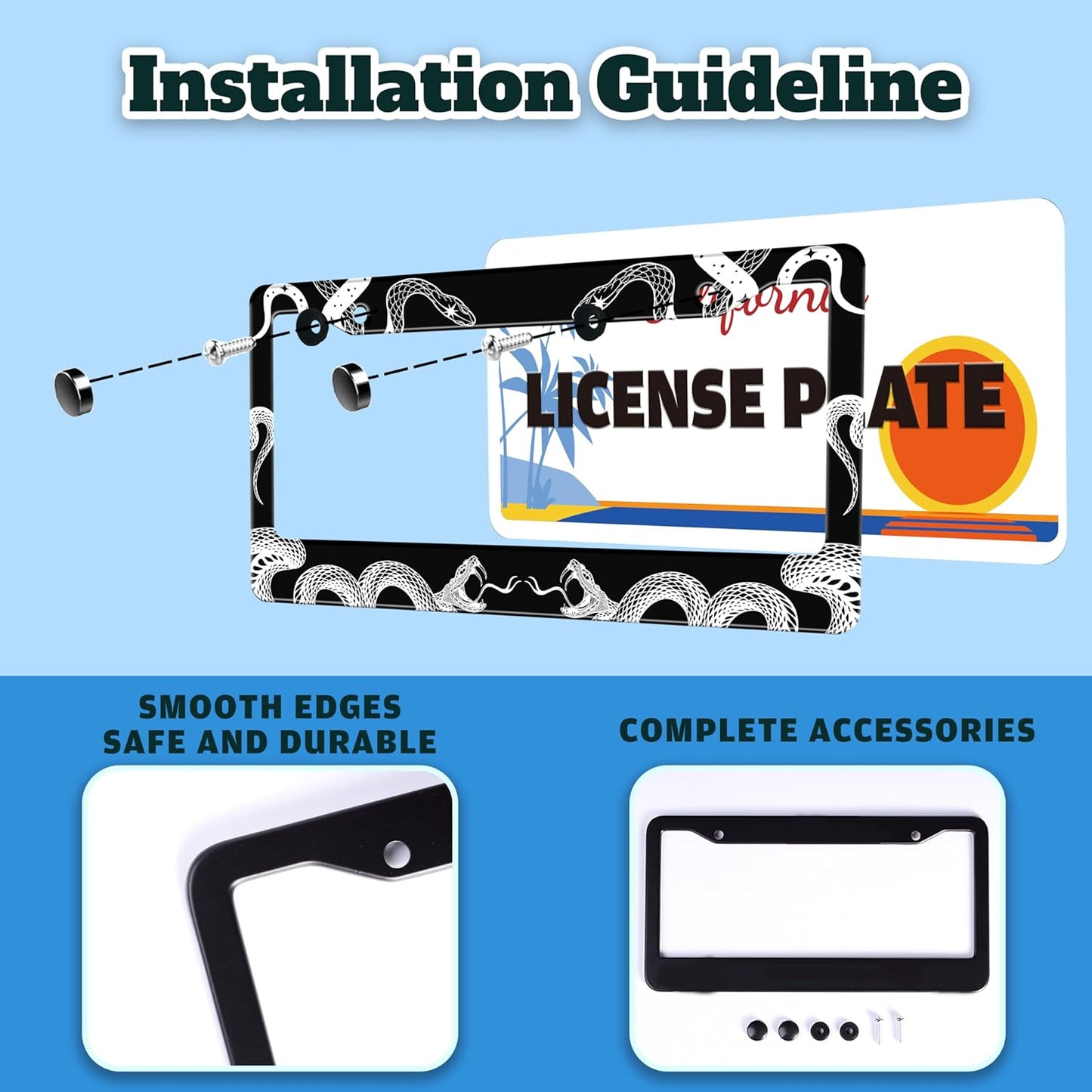 Black and White Snake Crawling License Plate Frame Gothic License Plate Holder for Front or Rear Car Tags Stainless Steel Funny Car Decoration with Screws 6.3 X 12.2 in