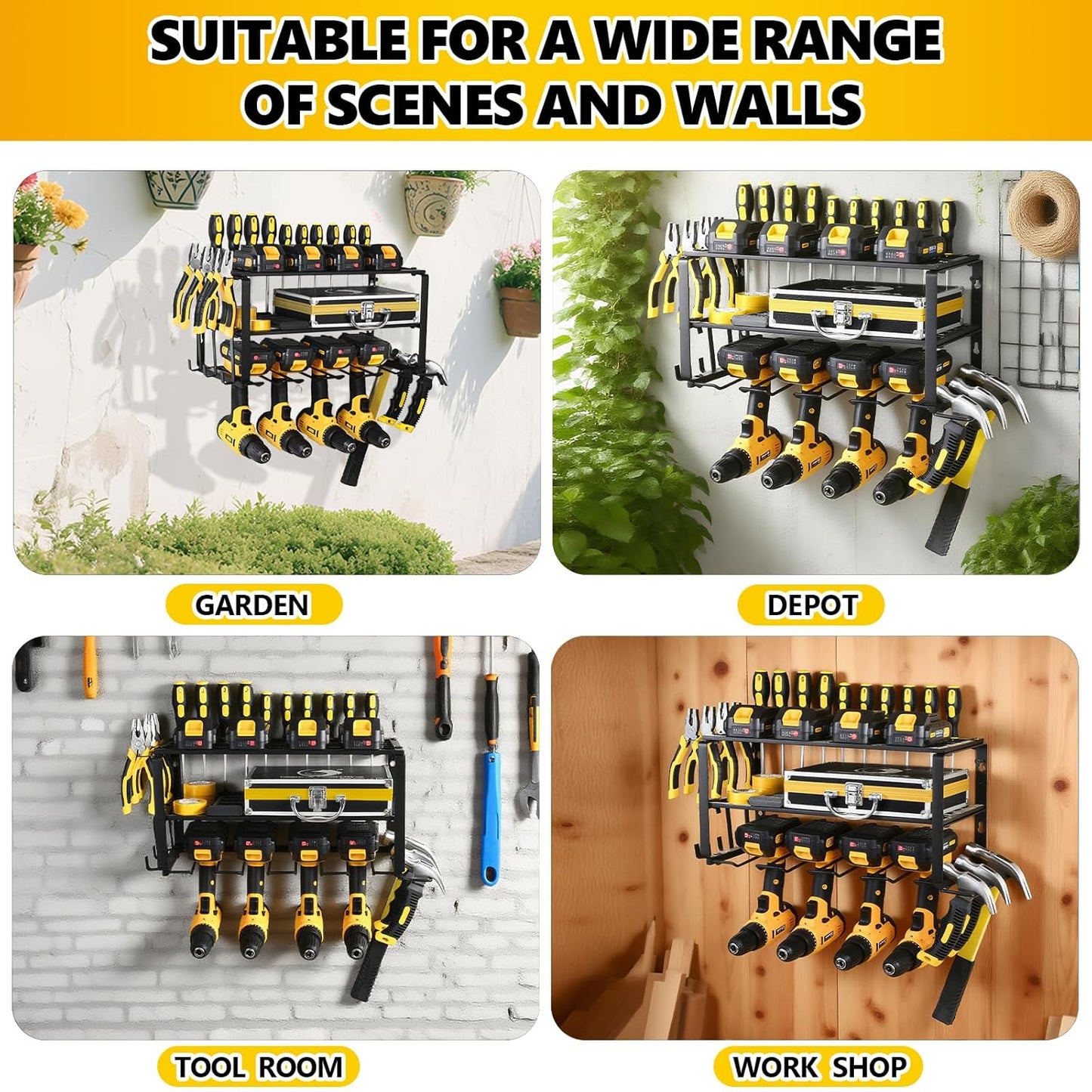 Power Tool Organizer Wall Mount,battery storage rack,Heavy Duty Iron Material, Garage & Workshop Tool Organizer Storage,150Lbs Load 3 Layers Storage Rack with 4 Drill Holders for Drills Cordless Tools