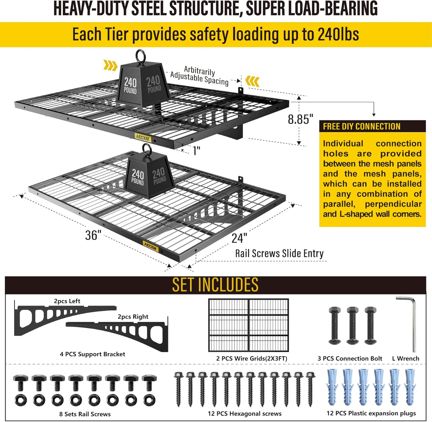 2x3ft 2Pack Wire Shelving Unit Heavy Duty Garage Storage Shelves Wall Mounted Black 560lbs Load Capacity（24-inch-by-36-inch）