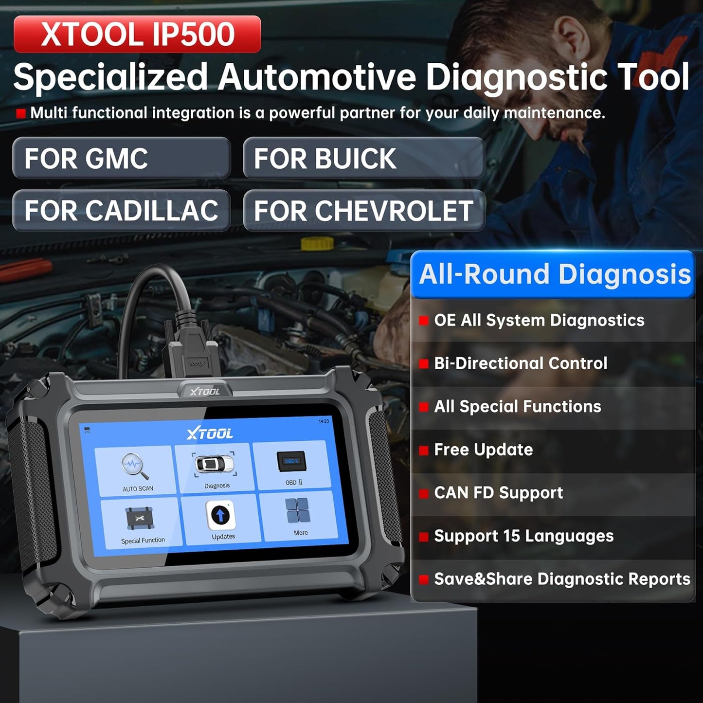 XTOOL IP500 for GM OBD2 Scanner, Bidirectional Scan Tool with Full Systems Diagnostic for Buick/Chevrolet/Cadillac/GMC, Code Reader with All Reset Services-Oil/ABS Bleed/Crank Relearn, Lifetime Update