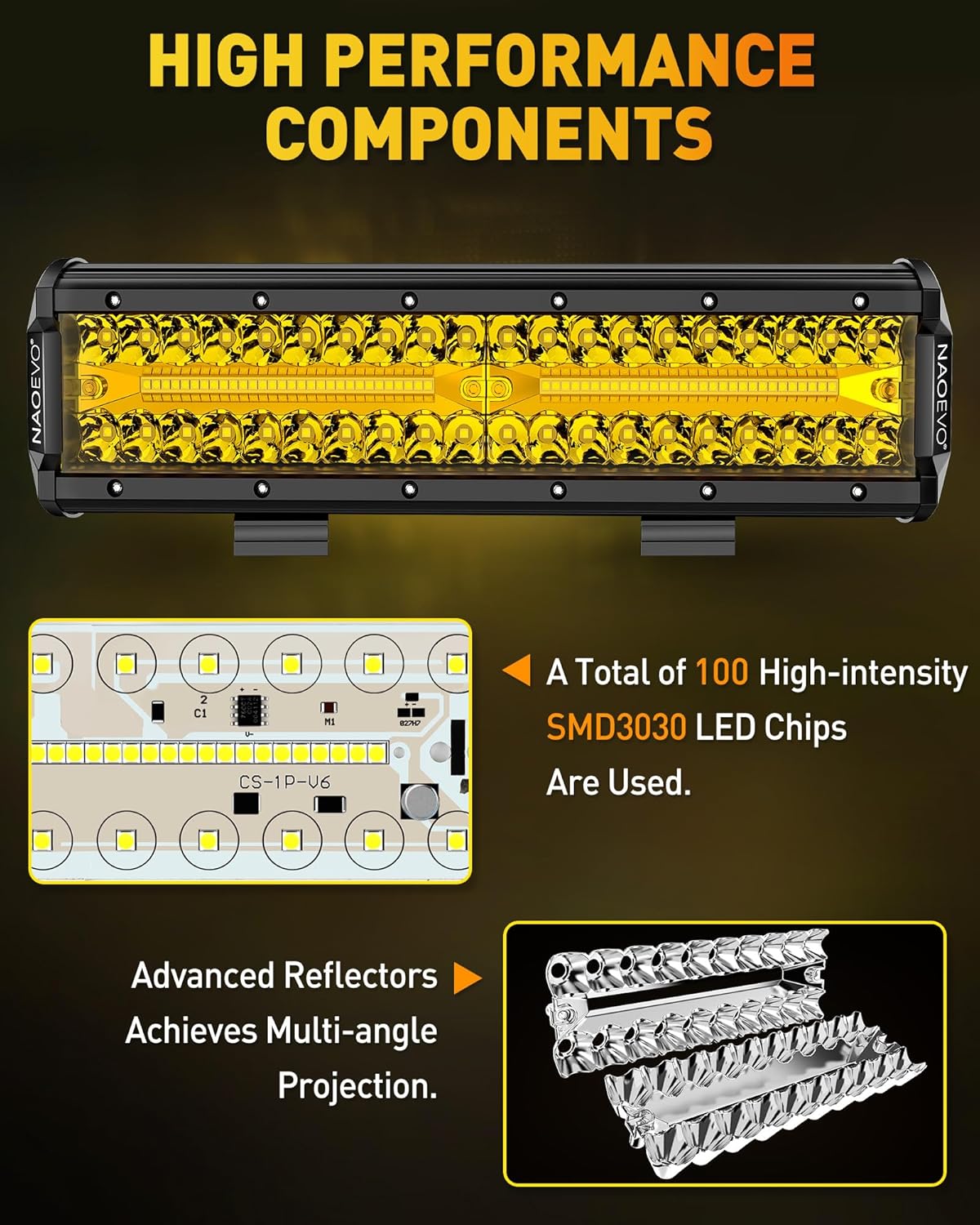 NAOEVO 12 Inch LED Light Bar, 300W 30000LM LED Offroad/Driving/Fog Lights with Wiring Harness Kit, Spot Flood Work Lights for Truck UTV ATV Golf Cart Boat, 1 Pc (Yellow)