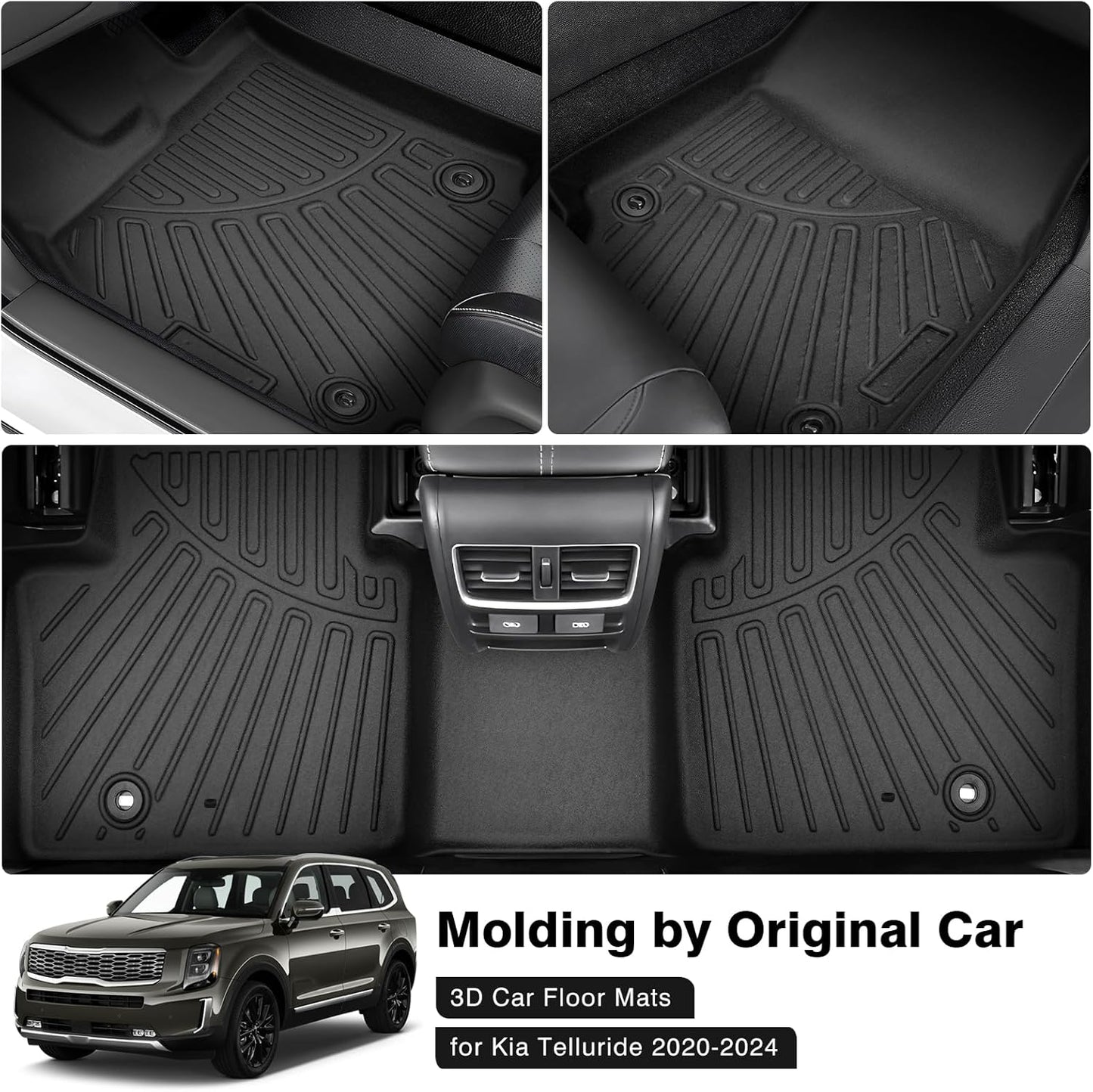 Powerty Floor Mats for 2020-2025 2026 Kia Telluride 7 Seats Accessories All Weather Floor Liner 3D TPE Floor Mat Heavy-Duty Floor Liners