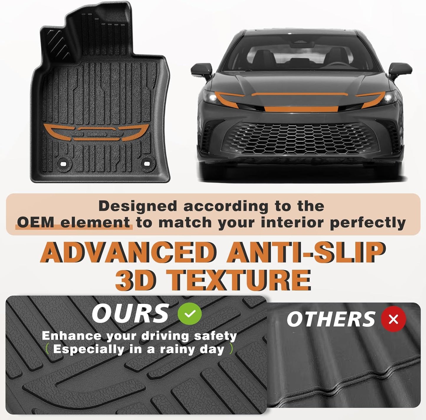 TripleAliners Floor Mats All Weather Liners Compatible with 2025 Toyota Camry (Include Hybrid) Accessories 1st & 2nd Row Full Set Floor Liners TPE Custom Fit Protection Car Mats