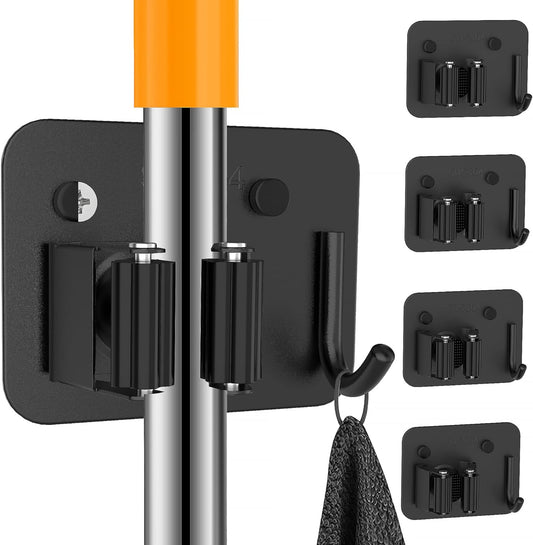4 Pack Stainless Steel Broom Holder Wall Mount with Hook, Screw Drilling Broom and Mop Organizer Wall Hanging, Heavy Duty Storage Rack for Laundry Garage Closet Garden Tool Organizer, Black