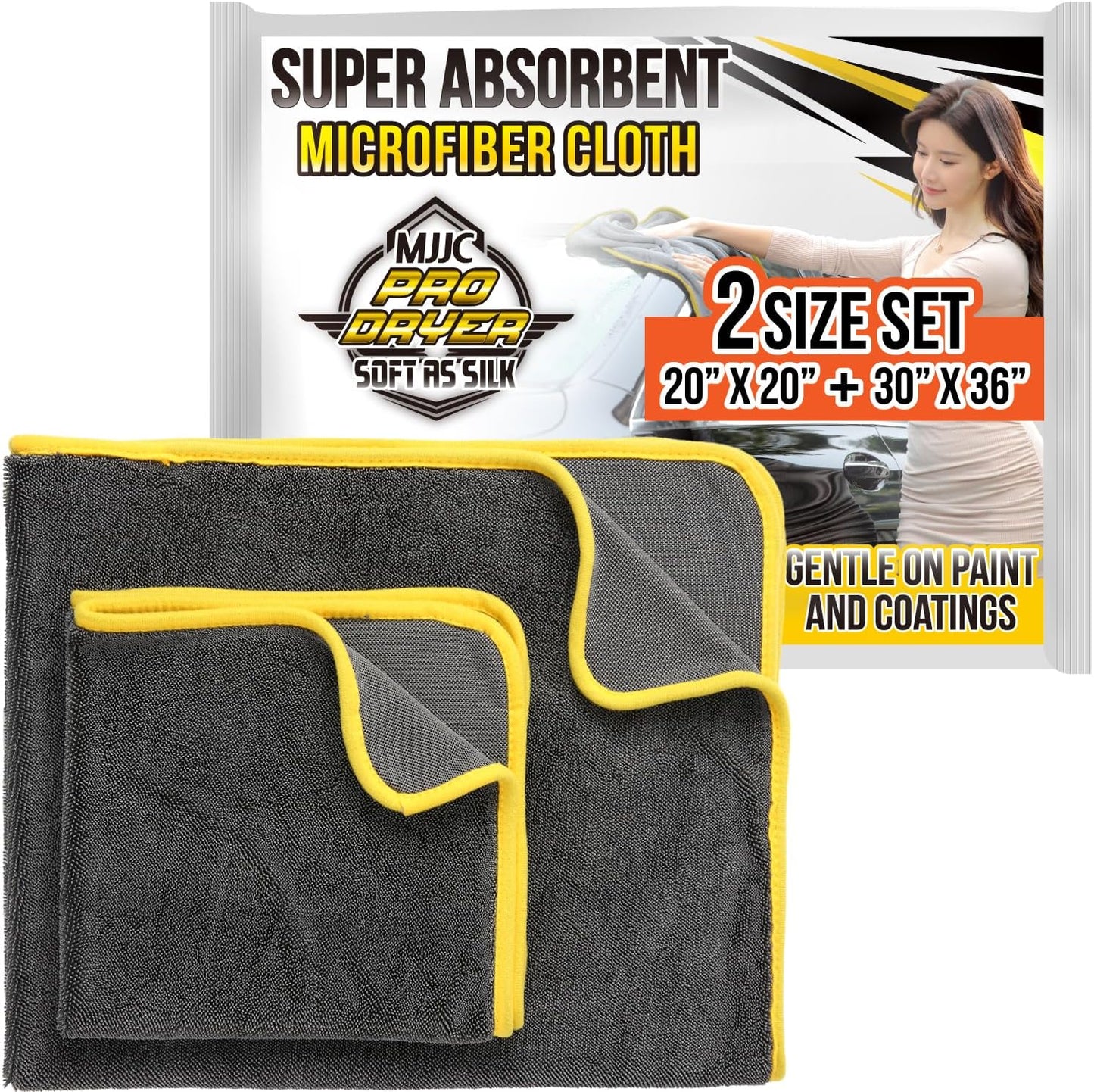 MJJC Pro Dryer Plush Silk Microfiber Drying Towel (2 size set (20” x 20”) + (30” x 36”)) Cars,Trucks, SUVs, RVs, Home