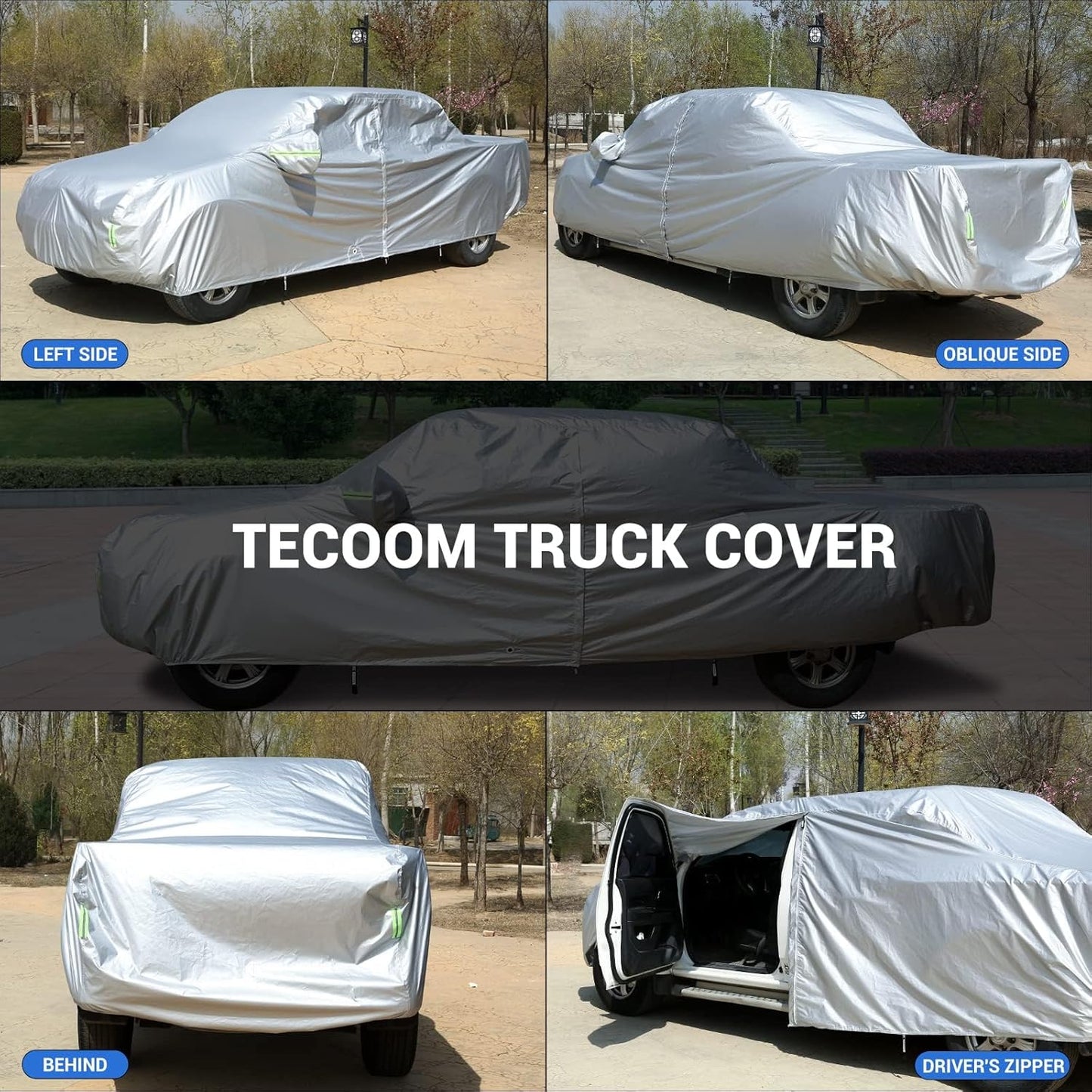 Tecoom Truck Cover Waterproof All Weather, Breathable Light Shell Outdoor Pickup Cover with Zipper Door/Lock Sun UV Dust Protection Car Covers for Automobiles Universal Fit Tundra (Length Up to 212")