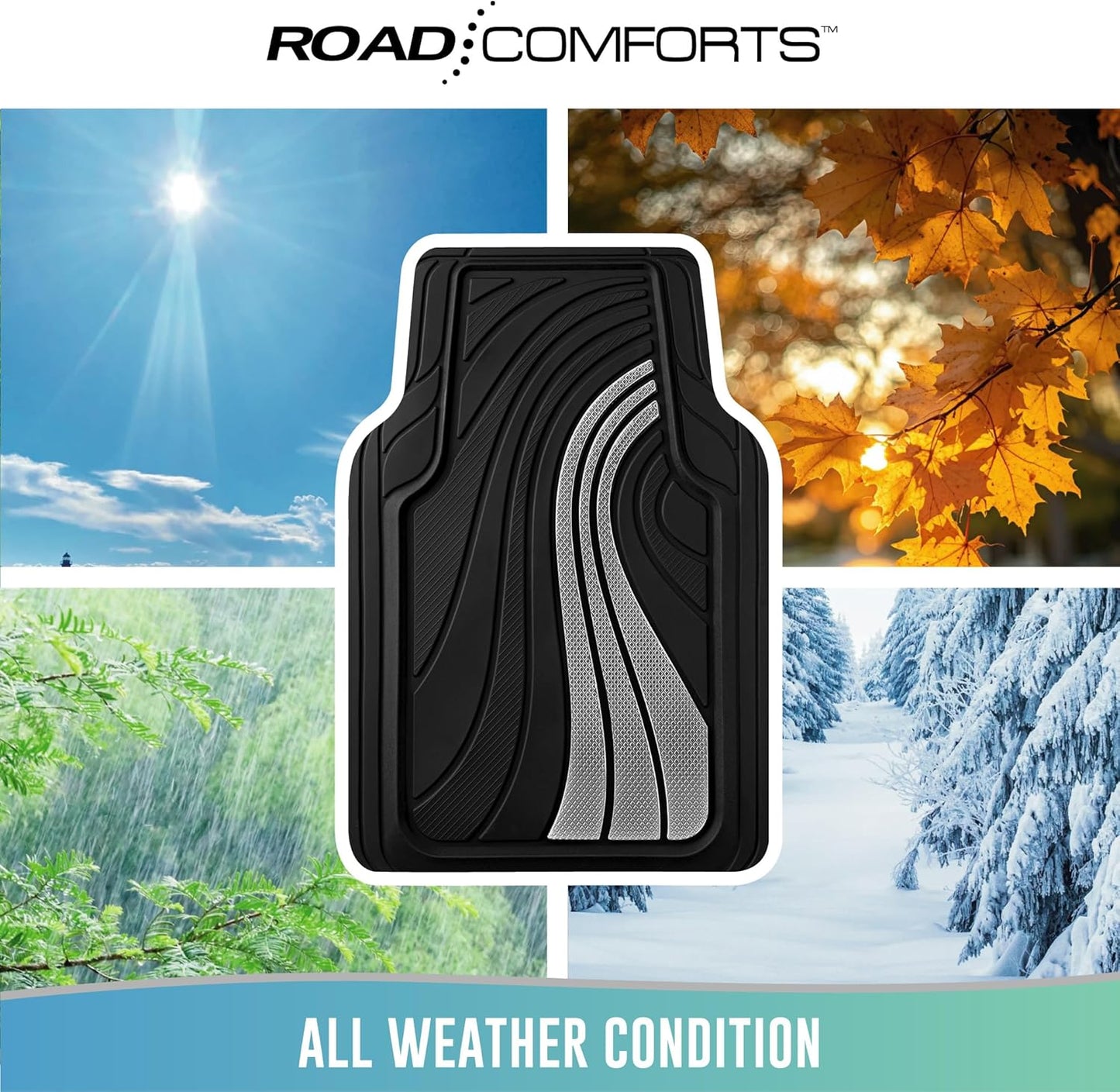 Road Comforts Car Floor Mats Full Set – Front & Rear Car Floor Mats with Aluminum Design, Anti-Slip Backing, All-Weather Protection, Trim-to-Fit Car Mats for Most Sedans, SUVs & Vans - Sliver